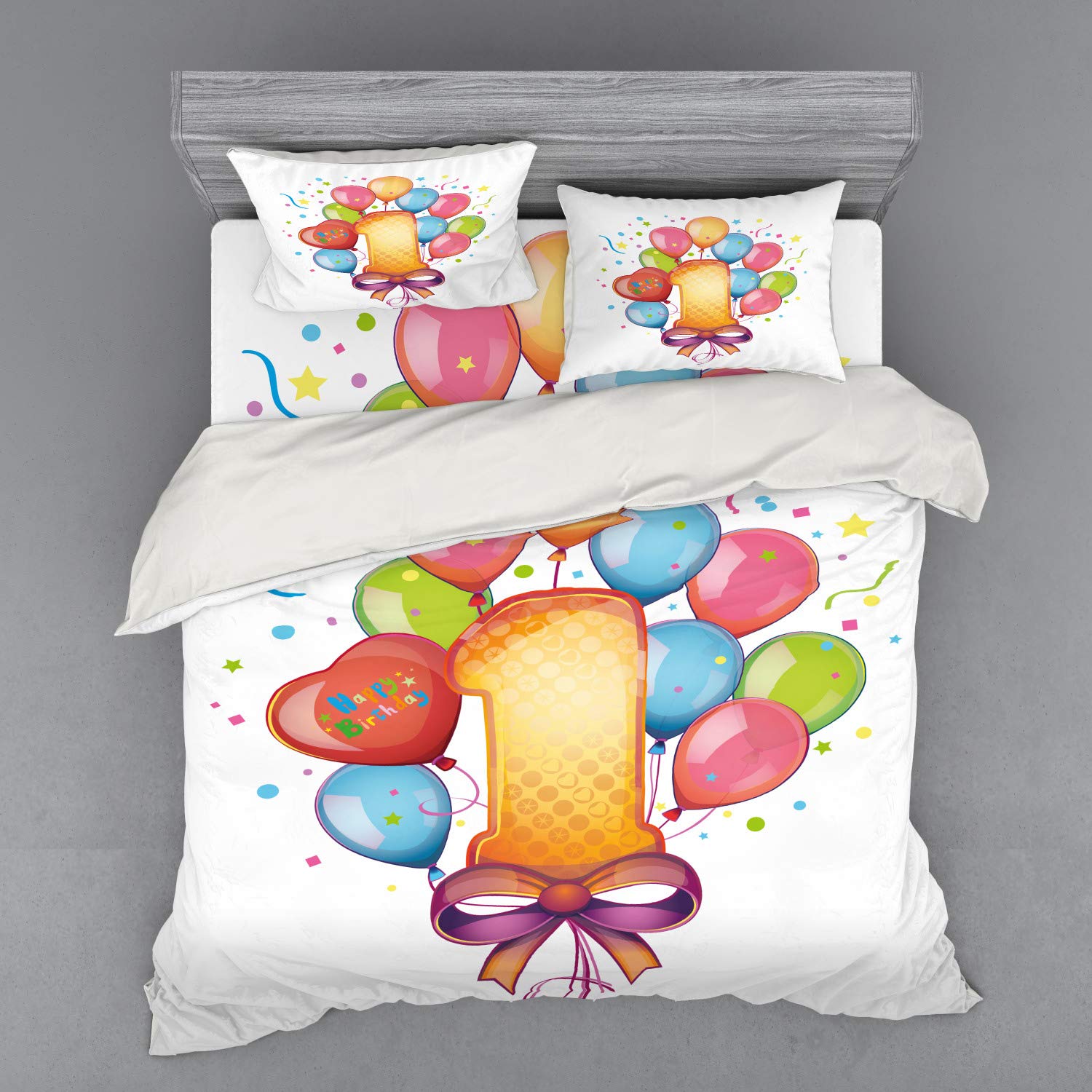 Ambesonne 1st Birthday Bedding Set - Vintage Theme Party Decor with Balloons, Stars & Dots - 3 Piece Duvet Cover Set with Sham & Fitted Sheet - King Size Multicolor - Perfect for Baby's First Birthday Celebration & Nursery Decor