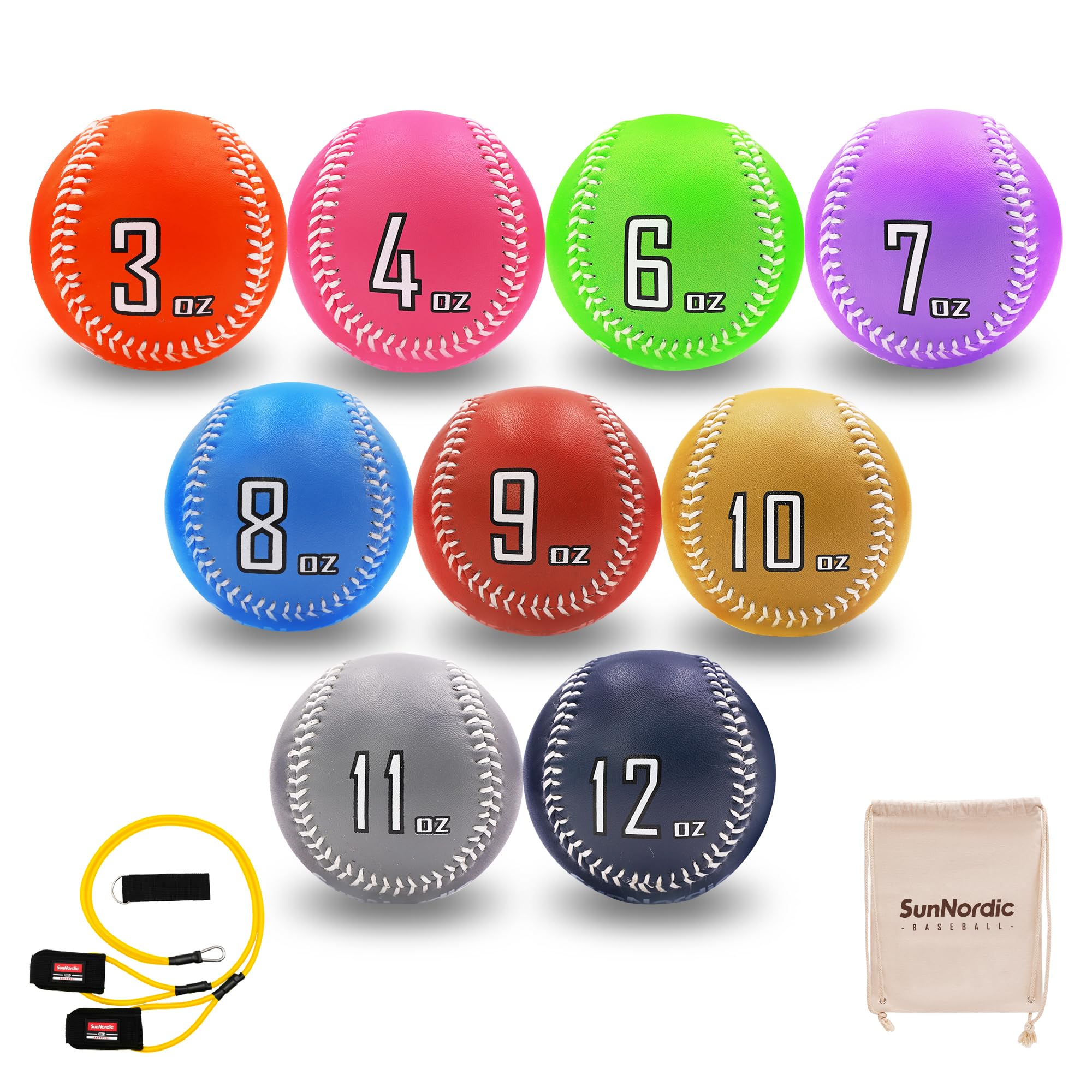 Premium Weighted Baseballs Set of 9 - Variable Weight Training Balls for Pitching & Power Improvement | High-Quality Leather Baseballs with Training Bands | Perfect for Baseball Players of All Levels - Ideal for Pitching Practice, Strength Training & Baseball Drills