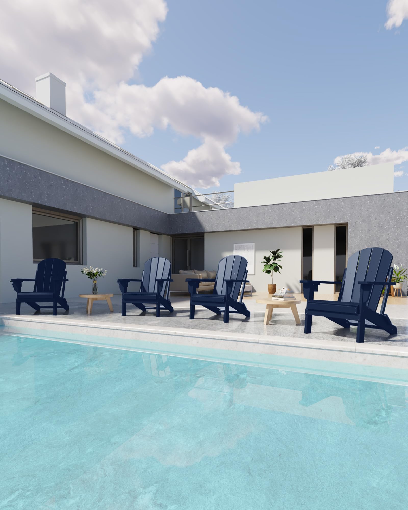 All-Weather Folding Adirondack Chairs - Heavy Duty HDPE Patio Chairs with Cup Holder, 385lb Weight Capacity - Navy Blue Outdoor Lounge Chairs for Backyard, Firepit, Poolside & Garden Relaxation