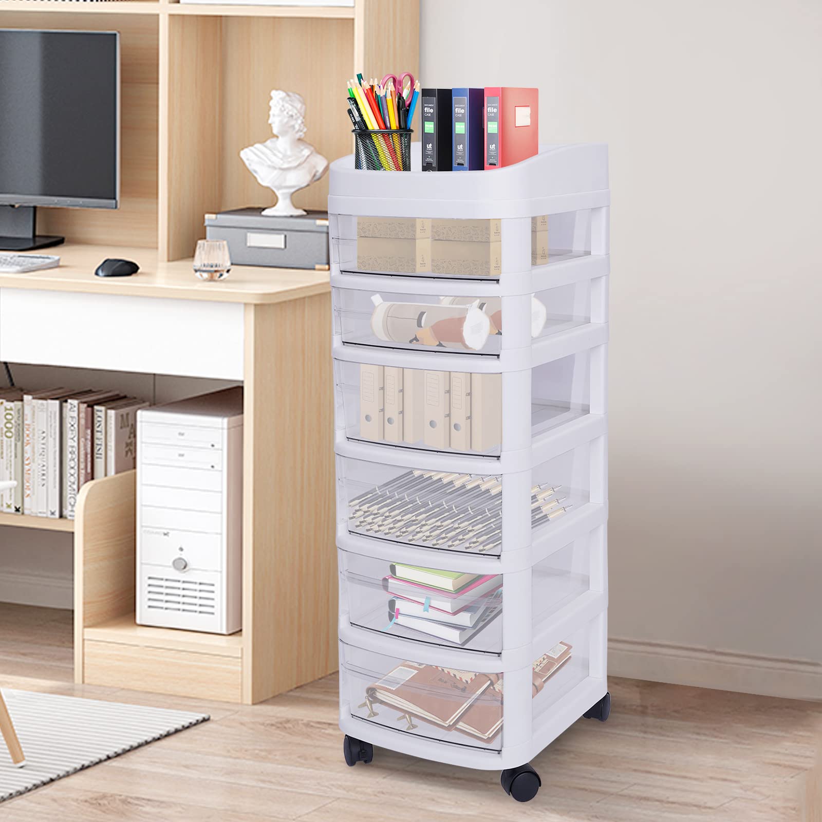 6-Drawer Rolling Storage Cart with Wheels - Plastic Organizer for Crafts, Office, Vanity, Bathroom & Bedroom | Portable Mobile Storage Solution for Home Organization & Workspace Efficiency