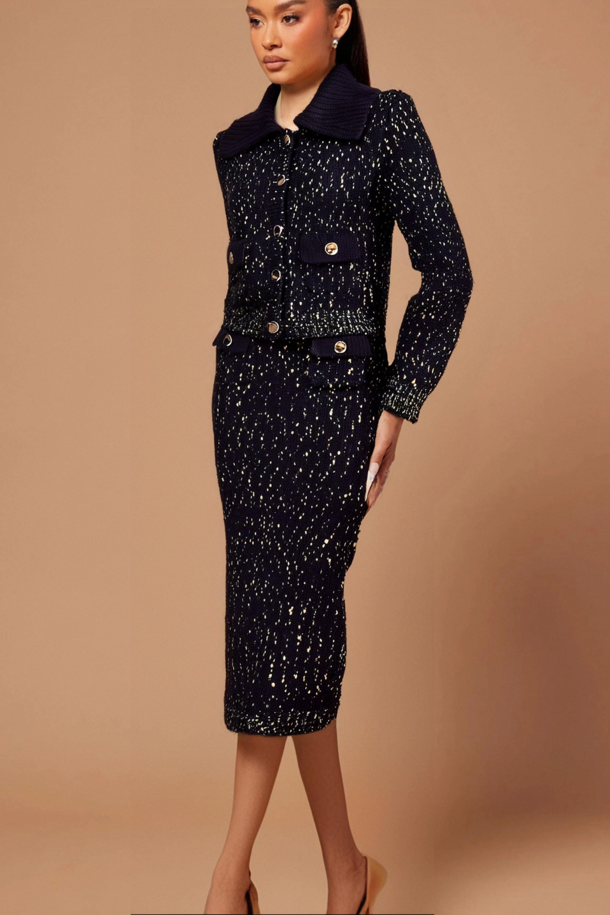 Claudine Navy Blue Crochet Knit Jacket & Skirt Matching Set - Stylish Outfit for Women, Perfect for Spring & Summer, Beach, Vacation, and Casual Wear