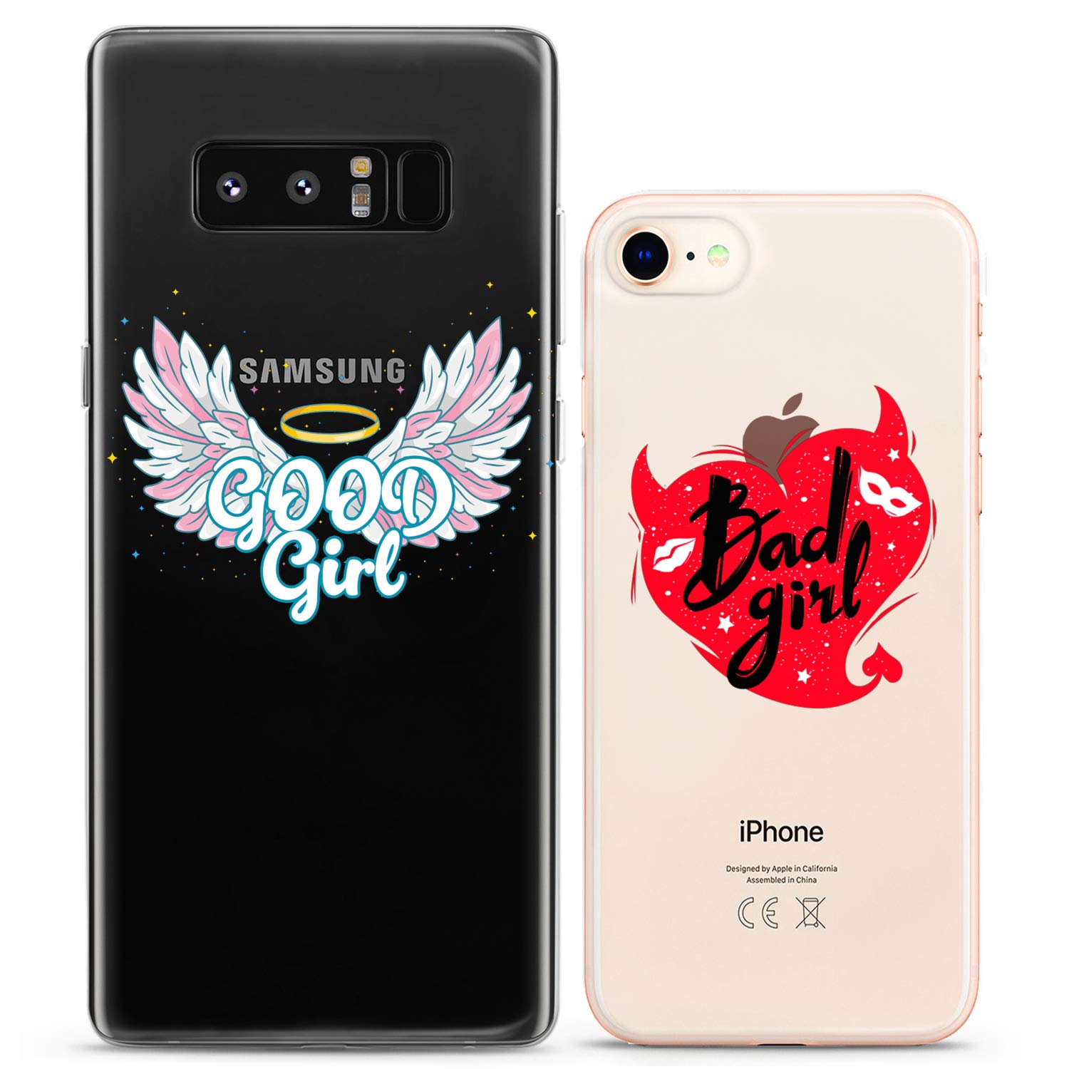 Matching Couple Phone Cases Compatible with iPhone 16/15/14/13/12/11 Pro Max/Mini/XS/X/6s/8 Plus/7+/XR/10/SE/5 - Cute BFF Silicone Covers with Angel & Devil, Good & Bad Girl Designs - Perfect Gift for Couples, Best Friends & Women (Ideal for Valentine's Day, Anniversaries & Friendship Gifts)