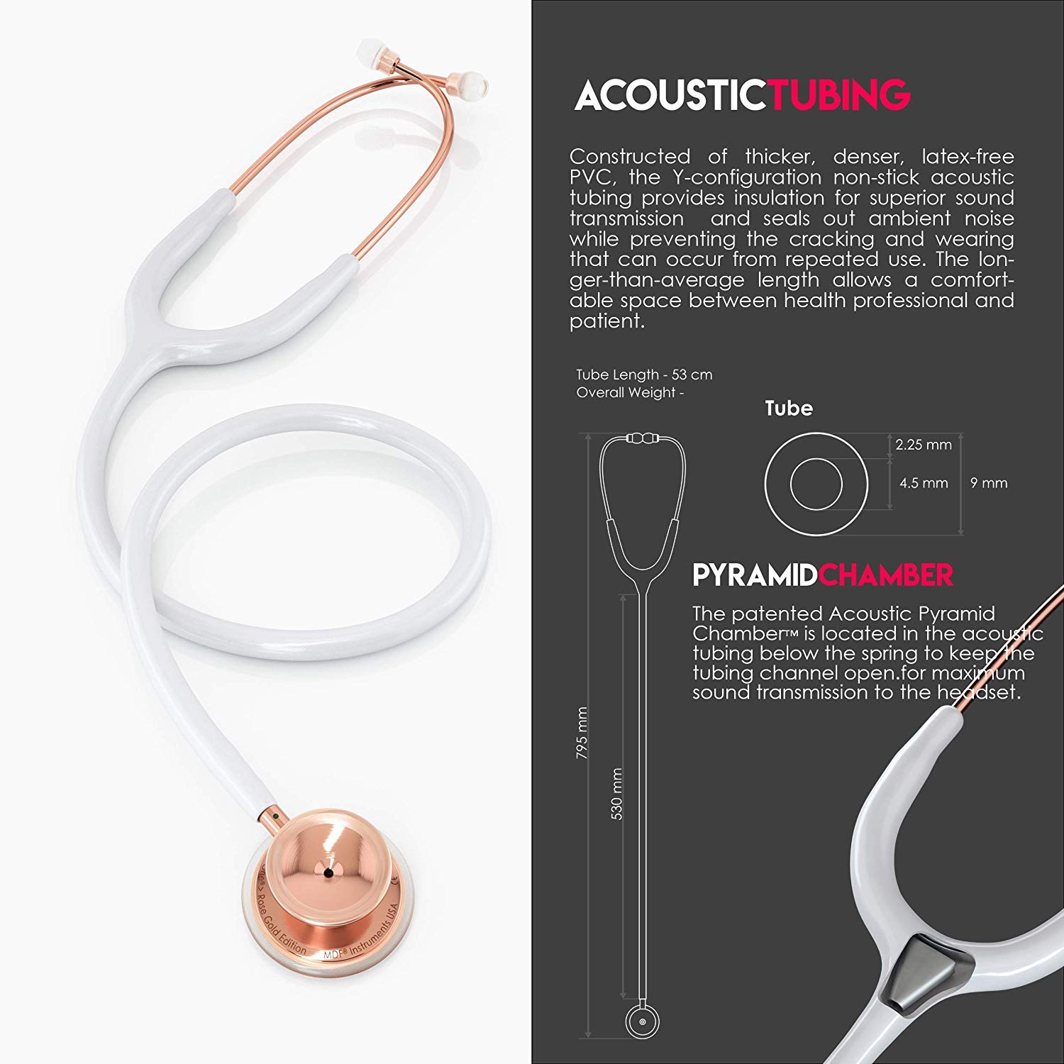 Premium MDF777RG29 RoseGold Stethoscope for Adults - Stainless Steel Chestpiece, White Tube & Headset - Ideal for Doctors, Nurses & Medical Professionals