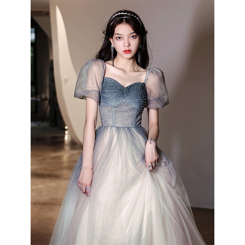 Elegant Gray Long Party Dress with Short Sleeves - Formal Evening Gown for Women - Perfect for Prom, Cocktail Parties & Special Occasions