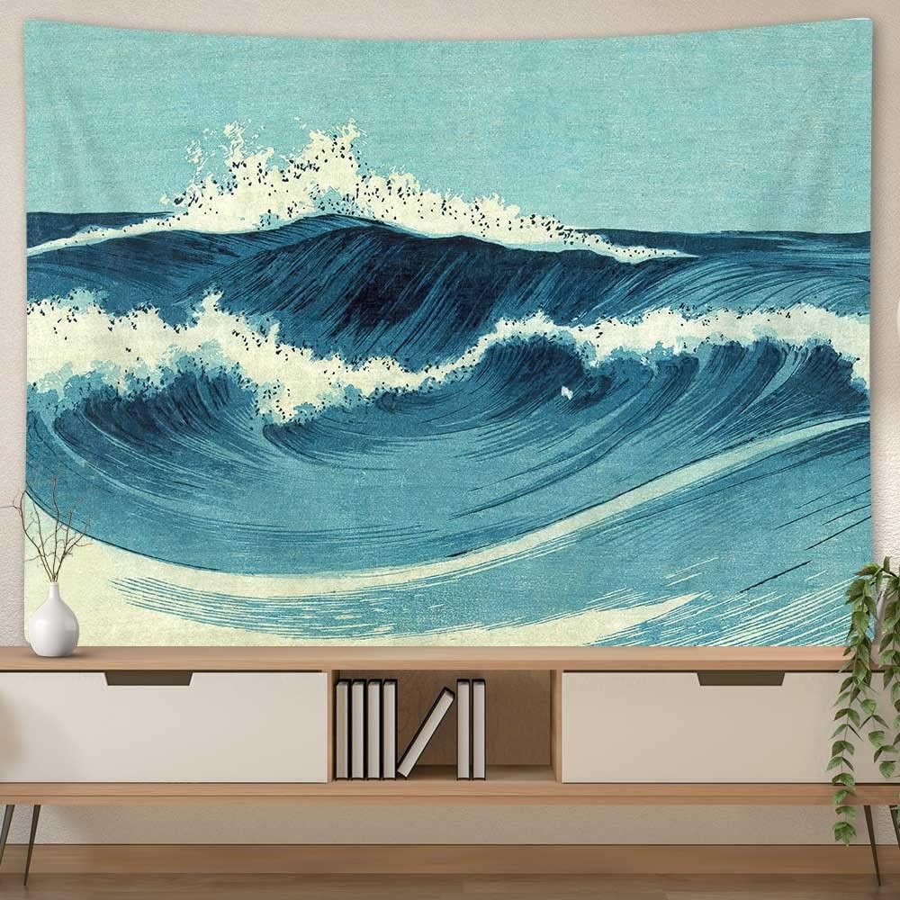 NYMB Retro Ocean Tapestry Wall Hanging - Vintage Blue Watercolor Wave Wall Art Decor for Bedroom, Dorm & Home Aesthetic | Japanese Anime Inspired Sea Design | Perfect for Boho, Coastal & Beach Theme Rooms