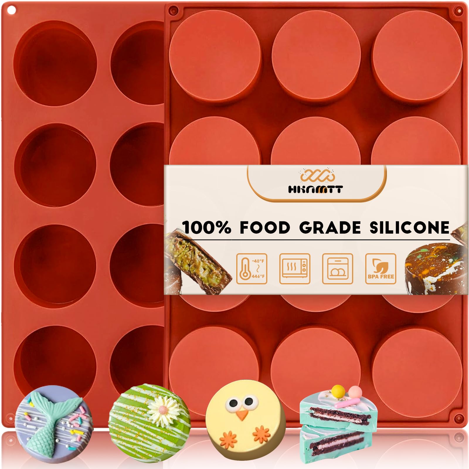 HKNMTT Oreo Silicone Molds 2 Pack - 12-Cavity 2.1 Inch Round Chocolate Covered Oreo Cookie Molds, Food Grade Non-Stick Baking Molds for Candy, Soap, Pudding, Jello, Cake, Brownie - Perfect for DIY Desserts, Party Treats & Homemade Gifts