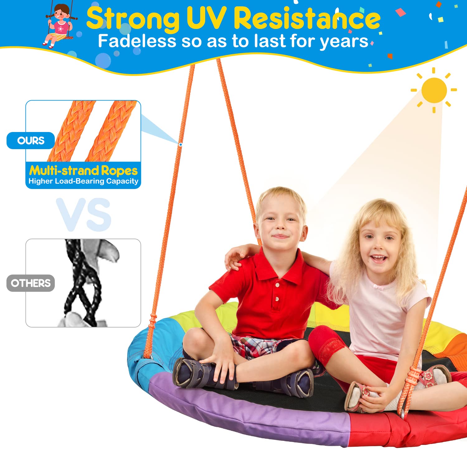 GIKPAL 440lbs Heavy-Duty Saucer Swing Set with Metal Frame & Adjustable Ropes - Outdoor Kids Swing for Backyard, Playground, Park - Waterproof Rainbow Round Swing for Toddlers & Children (Perfect for Outdoor Play, Family Fun & Backyard Activities)