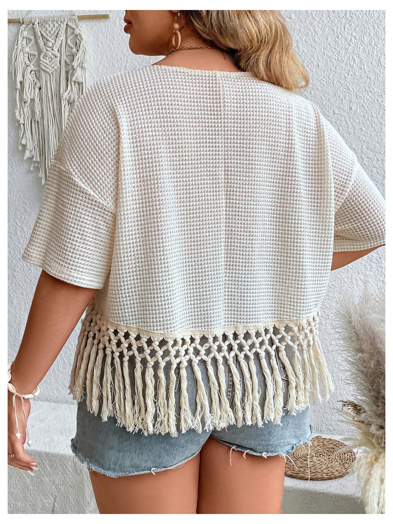 SweatyRocks Women's Plus Size Fringe Trim T-Shirts - Short Sleeve Crew Neck Tees, Waffle Knit Summer Tops for Casual Wear, Beach Outfits & Vacation Style