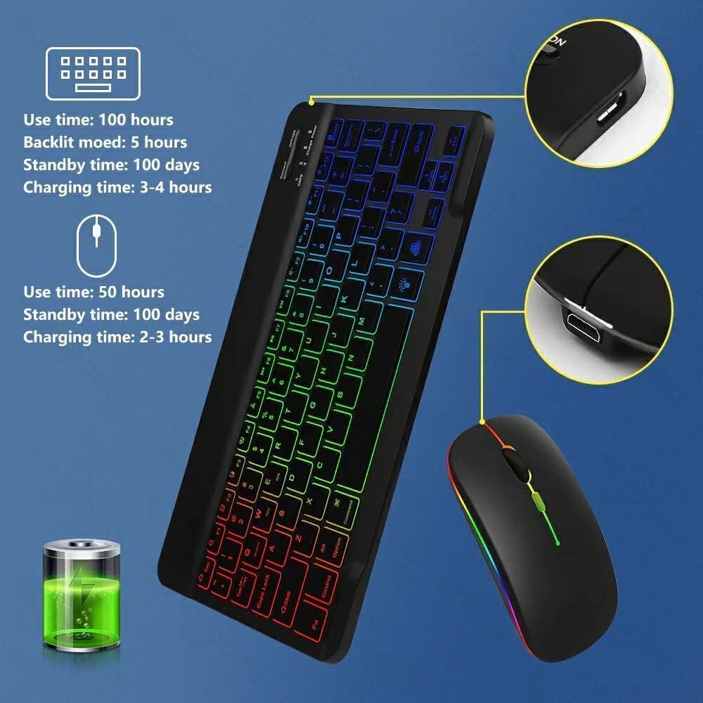 Rechargeable Wireless Bluetooth Keyboard and Mouse Combo with 7-Color Backlit for iPad 9th/8th Gen, iPad Pro/Air/Mini, iPhone 14/13/12 Pro - Perfect for Home Office, Online Learning & Gaming (Black)