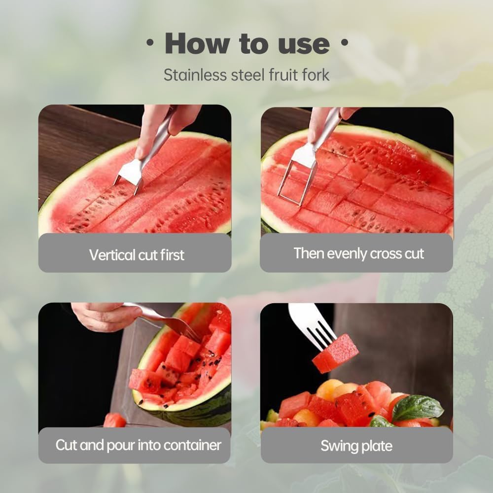 2-in-1 Stainless Steel Fruit Cutter - Dual Head Watermelon Slicer & Fork Set with Ergonomic Round Handle (2PCS) - Perfect for Picnics, BBQs and Summer Fruit Parties