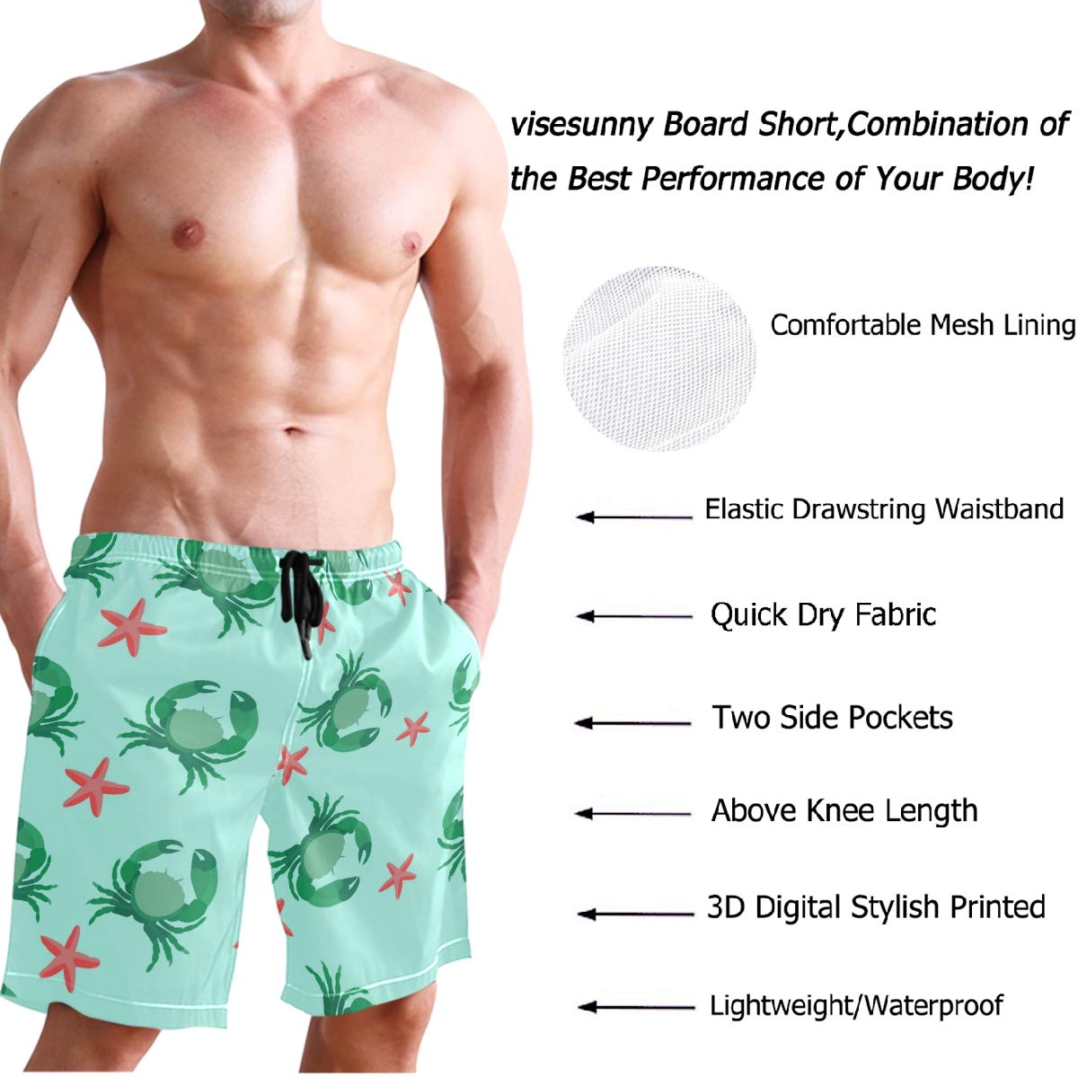 Visesunny Men's Quick Dry Swim Board Shorts - Lightweight Beach Shorts for Swimming, Running & Sports | Perfect for Summer, Pool, Surfing & Outdoor Activities