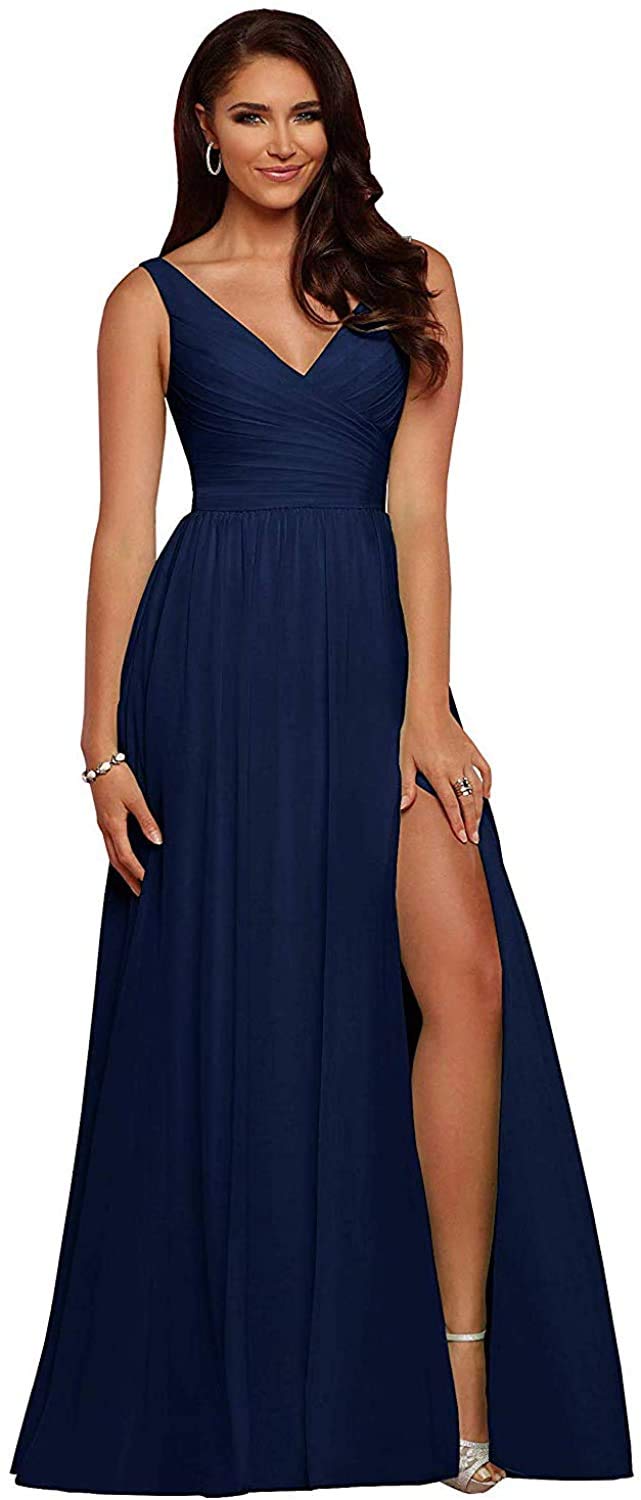 Elegant Long Chiffon Bridesmaid Dress with V-Neck & High Slit - Backless Formal Gown for Wedding Guest, Prom, and Special Occasions - Perfect for Evening Parties, Cocktail Events, and Black-Tie Gatherings