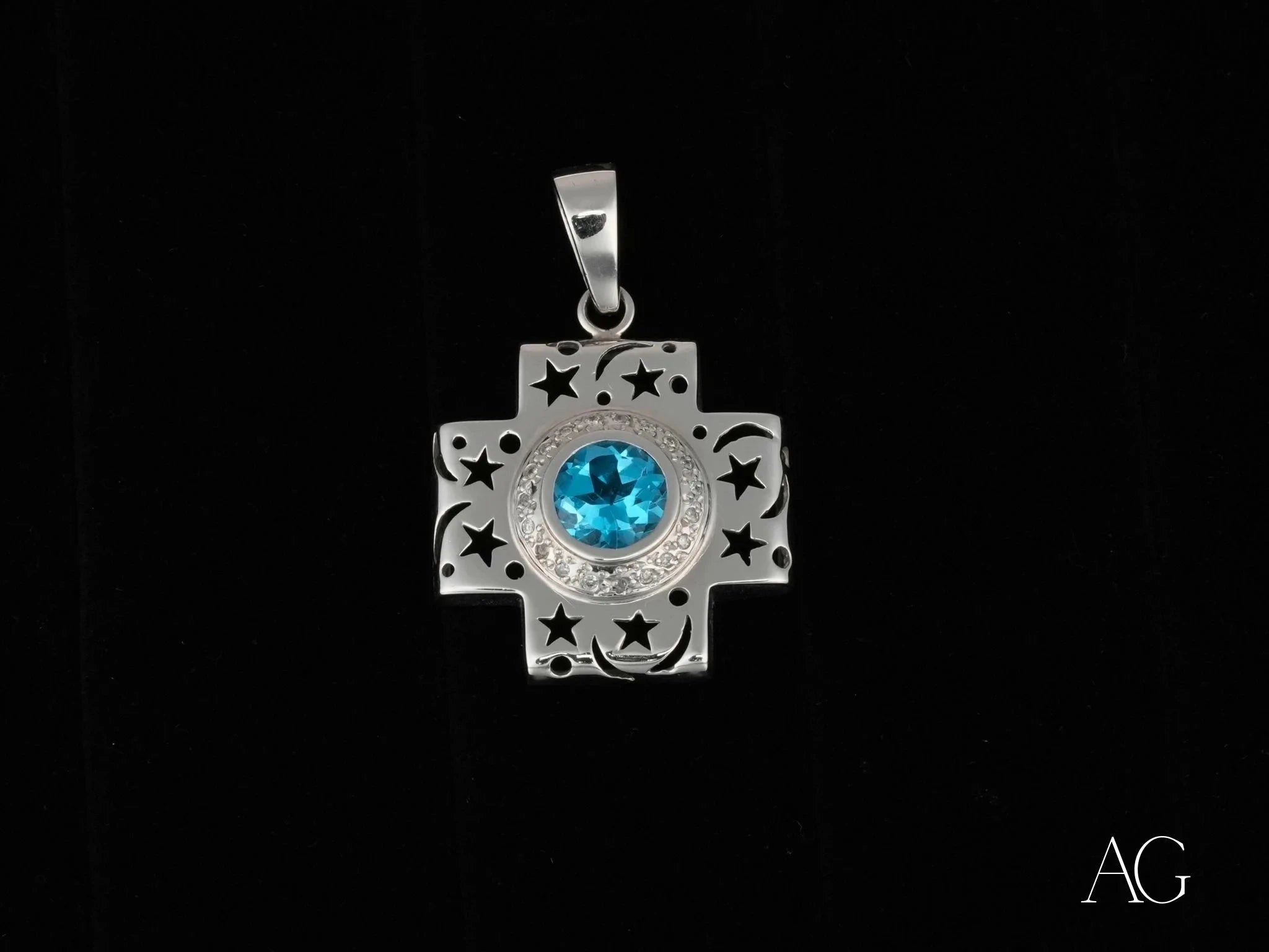 Celestial Cross Blue Topaz & Diamond Pendant Necklace - Elegant Jewelry for Women, Gifts for Christmas, Baptism, Confirmation & Special Occasions