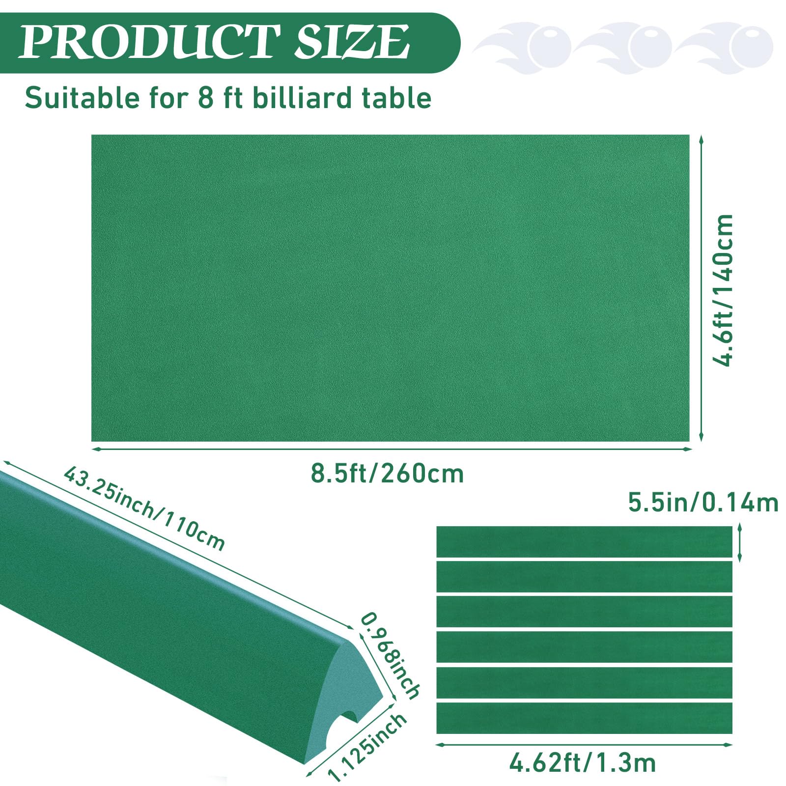 Premium Mixweer Billiard Cloth for 8 ft Pool Table - Pre-Cut Felt with 6 Cloth Strips & 6 Rubber Bumpers - Professional Replacement for Bars, Clubs, Hotels - Perfect for Game Rooms and Entertainment Spaces