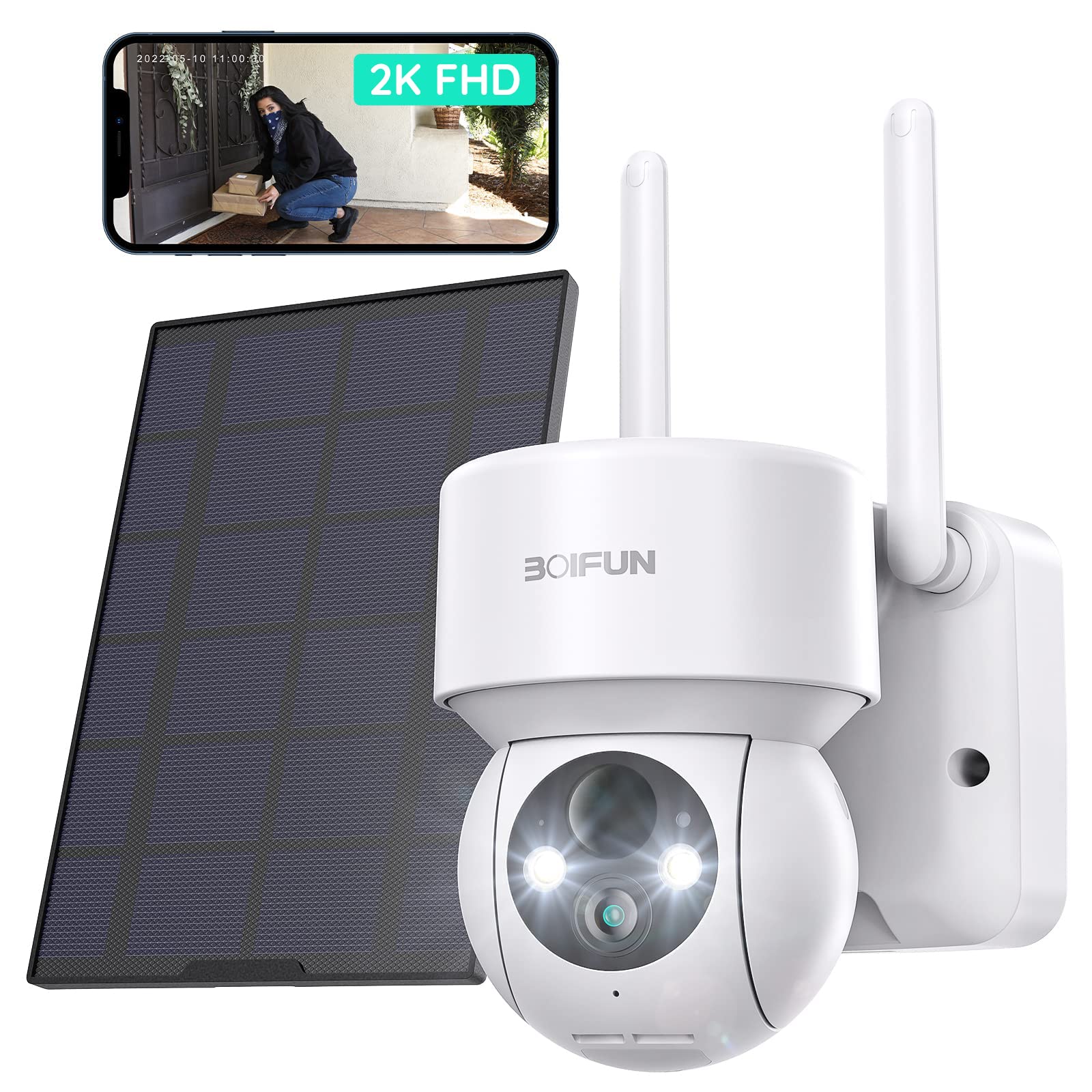 BOIFUN 2K Solar Security Camera Wireless Outdoor - 15000mAh Battery, 4X Digital PTZ, Color Night Vision, PIR Motion Detection, Spotlight & Mobile App Control - Ideal for Home Security, Yard Monitoring & Property Protection