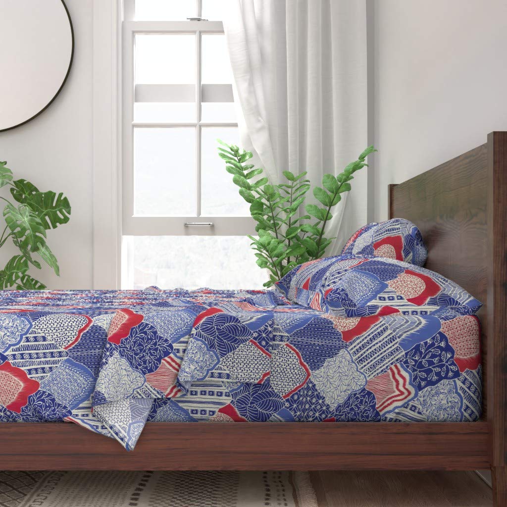 100% Cotton Twin 3-Piece Bed Sheet Set - Blue & Red Block Print Traditional Pattern | Custom Bedding for Home Decor, Guest Room & Dorm Essentials | Soft Breathable Sheets for All Seasons