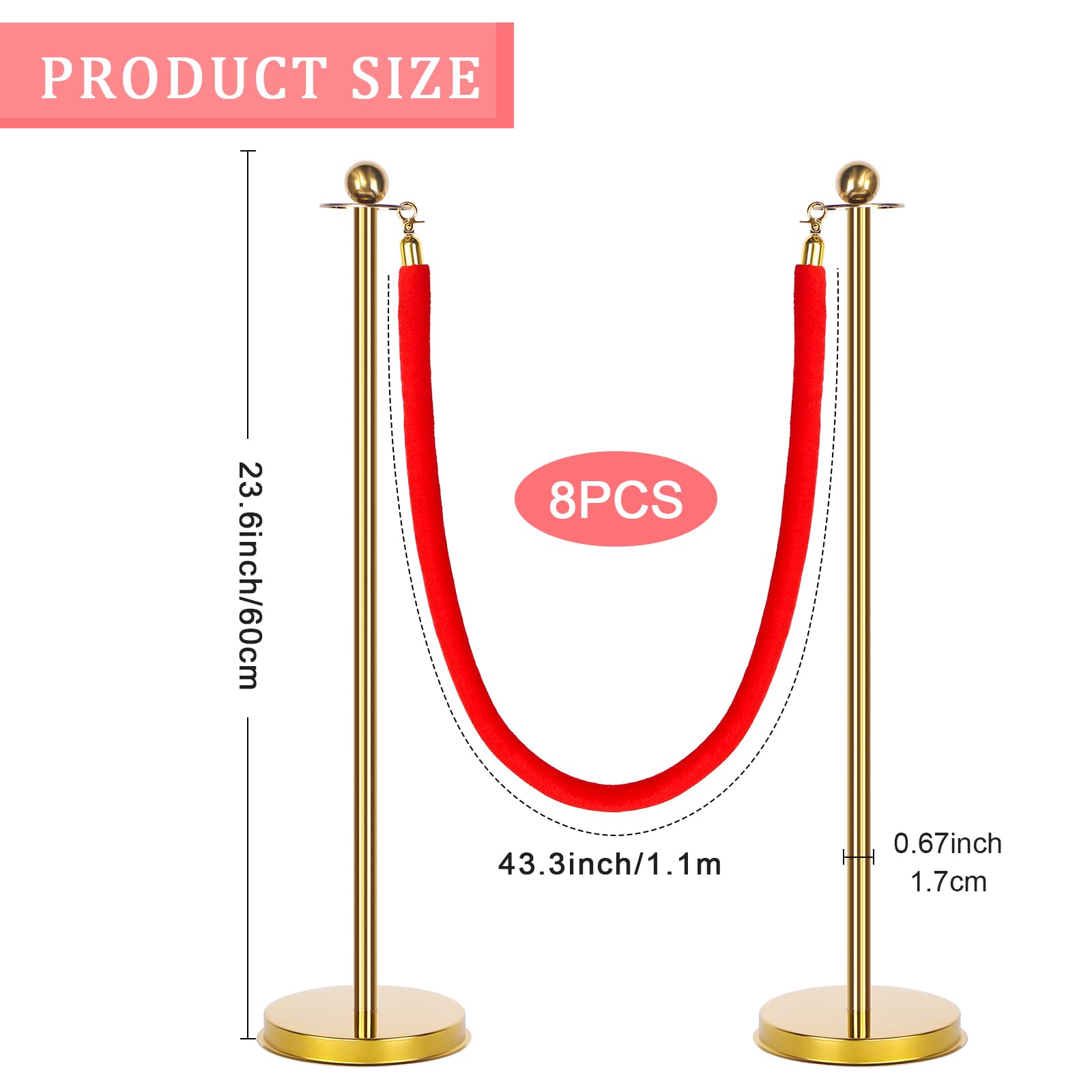 8-Piece Red Carpet Party Decorations Set - 23.6 Inch Lightweight Stands with Velvet Ropes for Hollywood Nights, Movie Premieres, Christmas Parties & Wedding Events - Perfect for VIP Events, Award Ceremonies and Grand Openings
