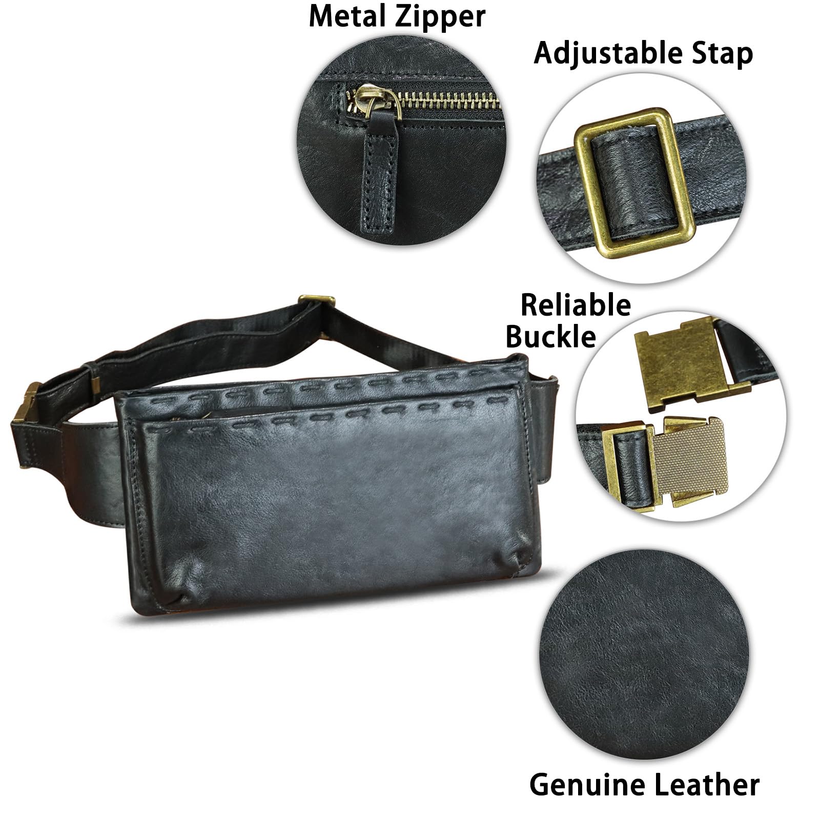 LRTO Genuine Leather Waist Bag for Women & Men - Real Leather Fanny Pack, Sling Bag, Crossbody Bag & Chest Purse - Adjustable Strap, Small Travel Essentials Pouch (Black, LRTO-15006) - Perfect for Gym, Hiking, Running & Everyday Use