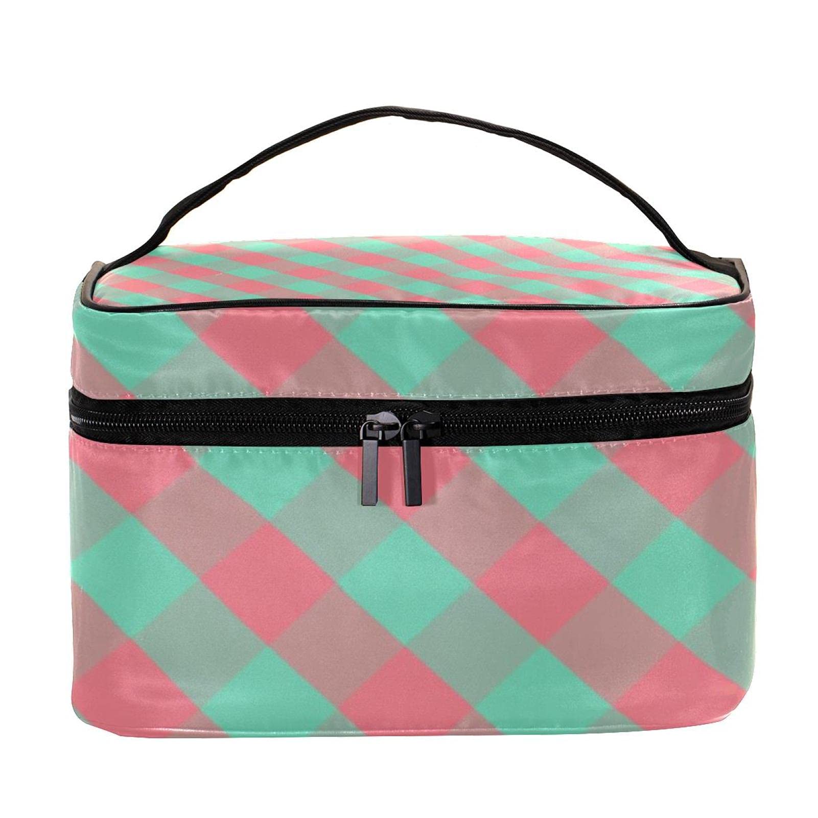 Stylish Pink and Green Plaid Checked Large Travel Makeup Bag - Waterproof Cosmetic Organizer with Zipper for Women & Girls - Perfect for Vacation, Gym, and Daily Essentials Storage