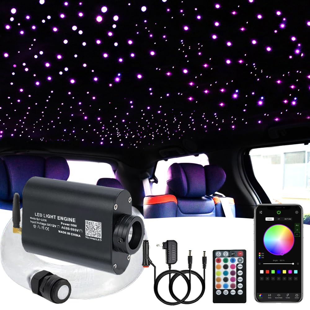16W Fiber Optic Star Ceiling Light Kit with APP & 28-Key Remote Control - RGBW Music Sync & Sound Sensor for Cars, Bedrooms & Home Decor | 420pcs 0.03in 9.8ft Optical Fiber Cable | Perfect for Romantic Nights, Gaming Rooms & Vehicle Interior Lighting