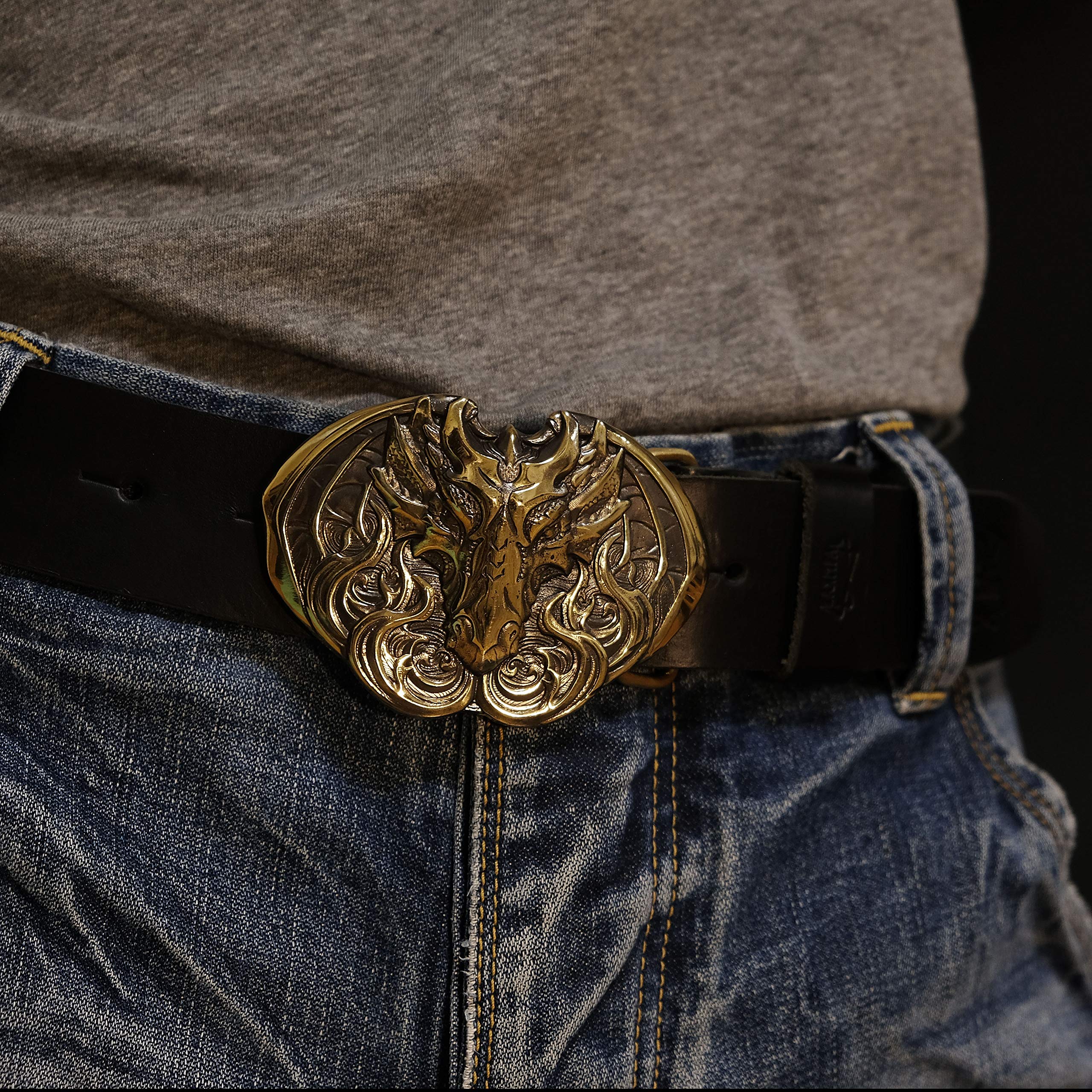 Handmade Scandinavian Leather Belt with Norse Mythology Fafnir Dragon Solid Brass Buckle - Viking Style Accessory for Men's Fashion & Medieval Costume