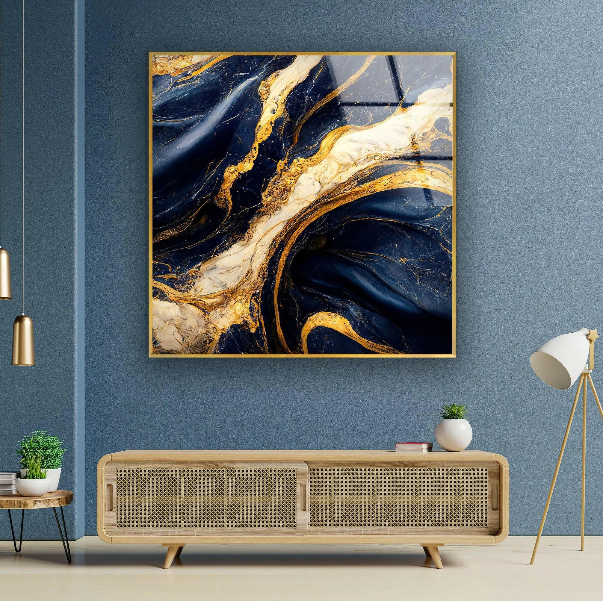 Abstract Marble Dark Blue and Gold Glass Wall Art - Modern Home Decor for Living Room, Bedroom & Office - Elegant Handmade Glass Painting for Wall Display