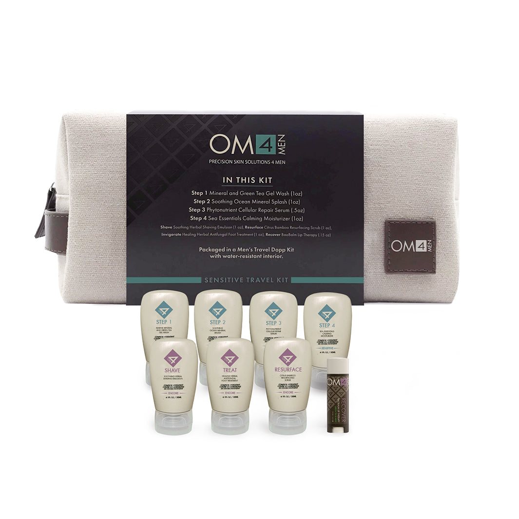 Organic OM4 Sensitive Skin Travel Kit for Men - Gentle Face Wash, Shaving Cream & Moisturizer Set - Perfect for Business Trips & Vacation Skincare Routine