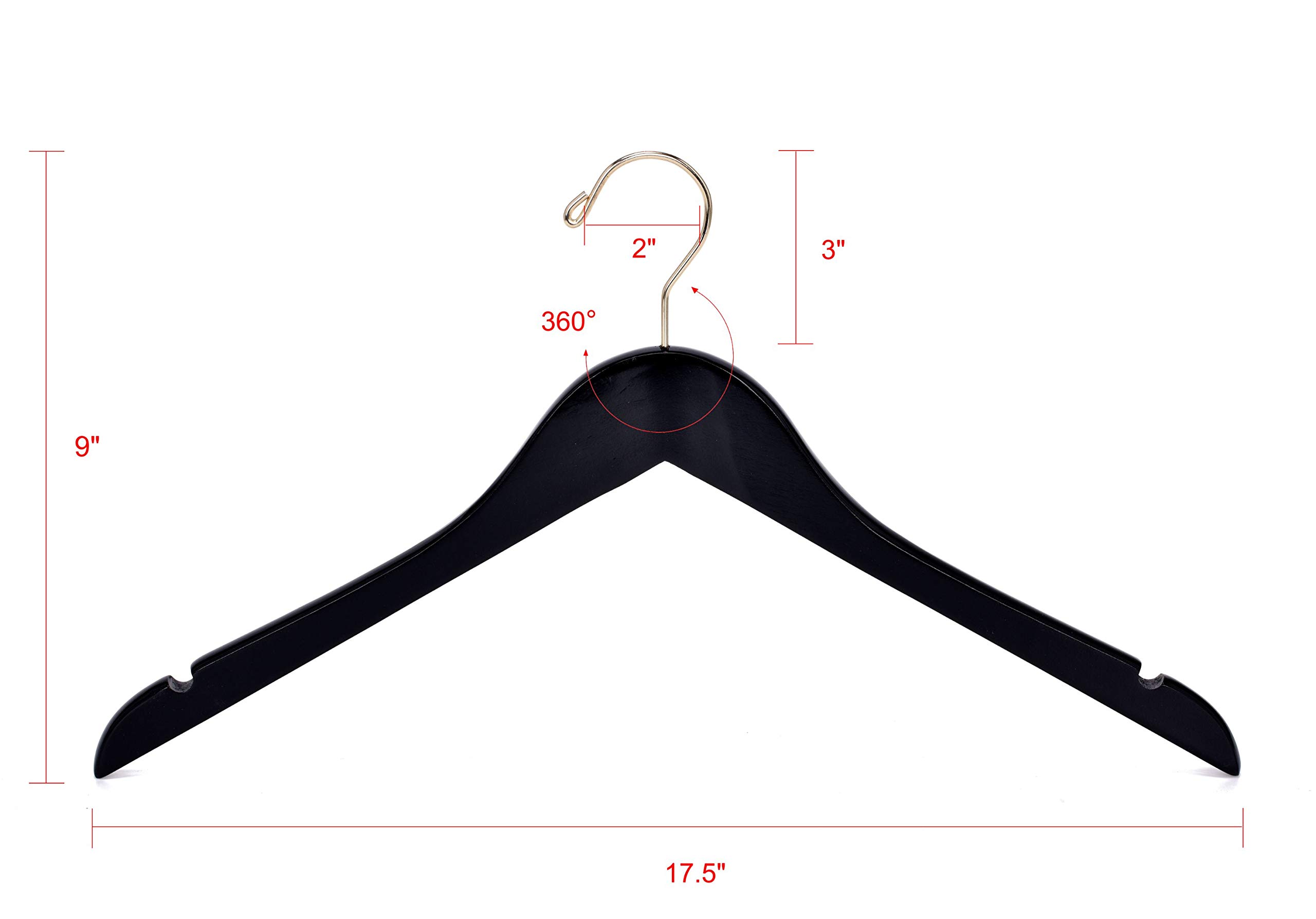 Premium Black Semi-Curved Wooden Suit Hangers - 20-Pack Smooth Finish Solid Wood Coat Hangers with Swivel Hook for Jackets, Pants & Dresses - Durable Closet Organizer for Wardrobe & Travel (Black & Gold, 20 Count) - Perfect for Home, Office & Luxury Hotels