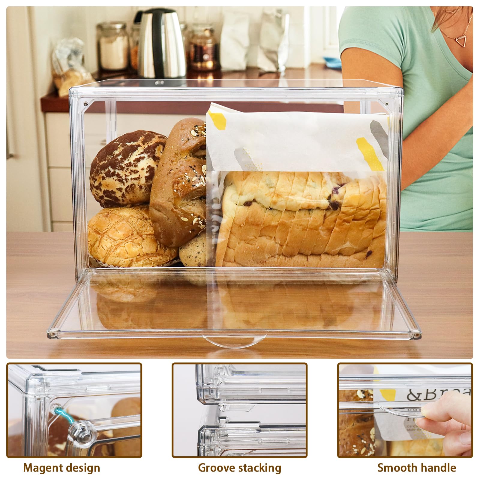 RISICULIS 2-Piece Large Clear Bread Storage Box Set - Stackable Double Layer Kitchen Countertop Organizer for Homemade Bread, Bagels, Muffins & Rolls | Perfect for Baking, Meal Prep & Pantry Organization