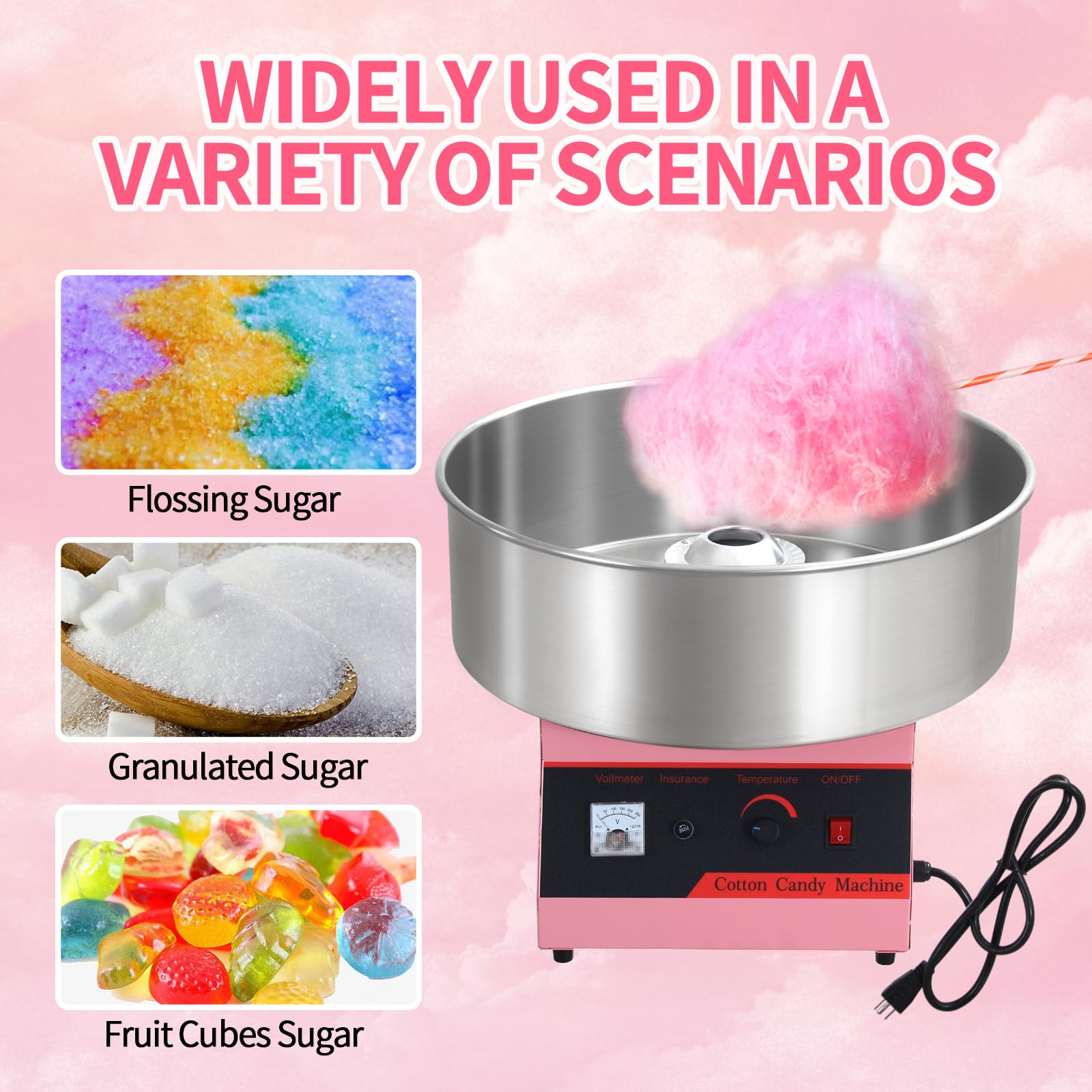 1050W Commercial Cotton Candy Machine with Stainless Steel Bowl - Electric Candy Floss Maker for Kids Birthday Parties, Halloween, Christmas & Festivals - Perfect for Family Gatherings, Carnival Events & Sweet Shops (Pink)