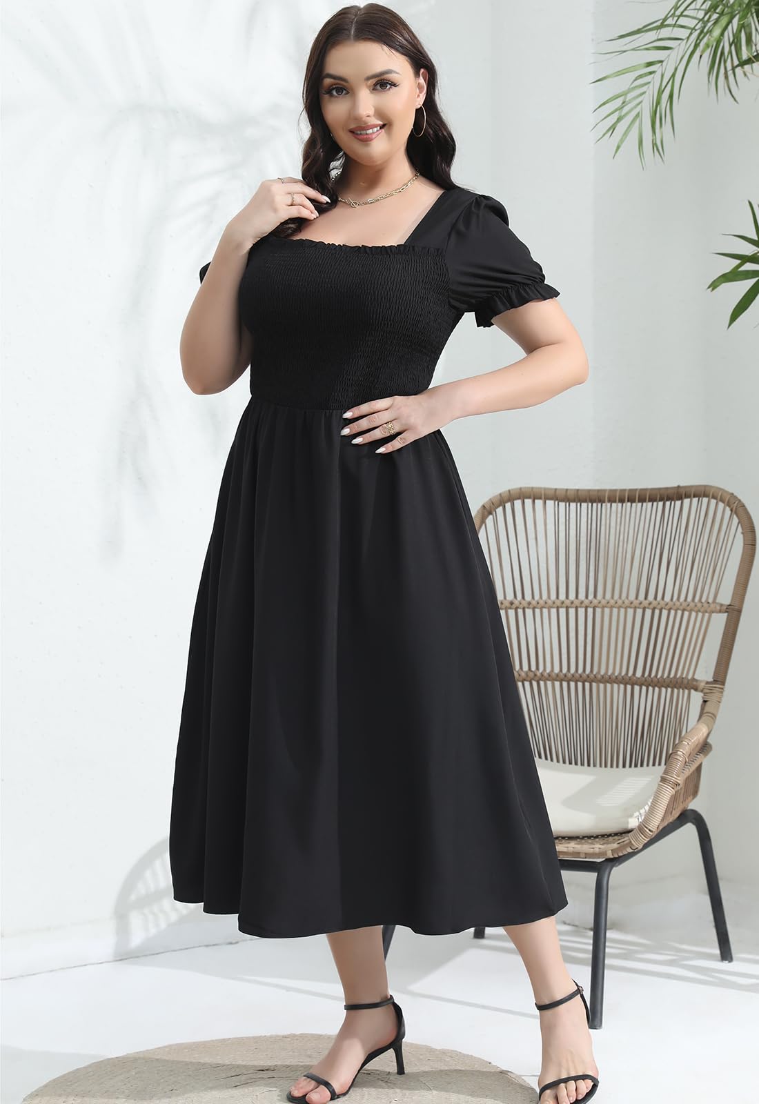 2025 Plus Size Women's Summer Casual Floral Dress - Smocked Midi Calf Length with Puff Sleeves & Pockets | Perfect for Beach Vacations, Garden Parties & Everyday Wear