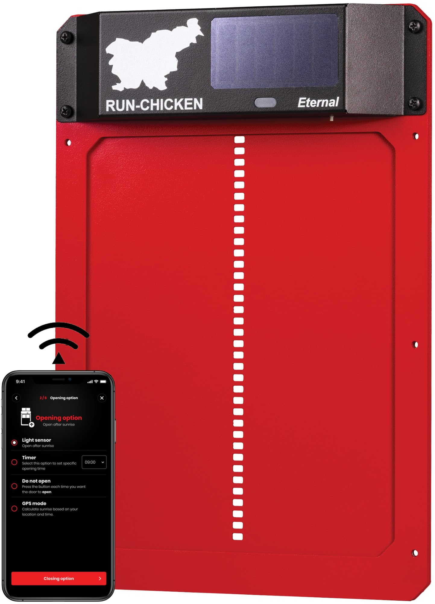 Solar Powered Automatic Chicken Coop Door with Timer & Light Sensor - RUN-CHICKEN Red Electric Poultry Door for Secure Coop Access | Perfect for Backyard Farms, Homesteads & Free-Range Chicken Coops