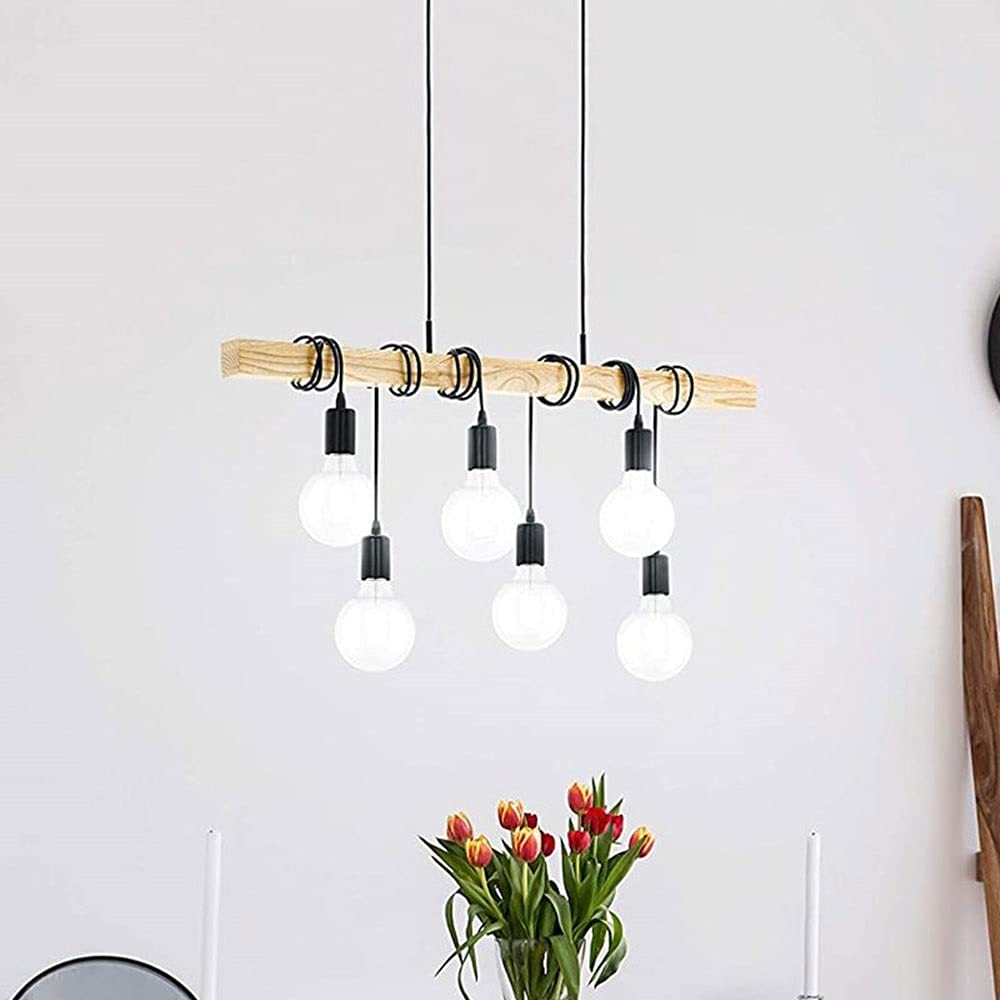 6-Light Modern Hanging Chandelier - Solid Wood E27 Pendant Lighting for Dining Room, Cafe, Bar & Retail Stores - Black Industrial Style Ceiling Light for Home & Commercial Decor