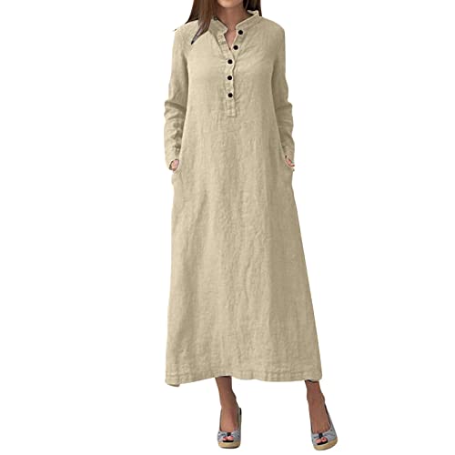 Women's Casual Long Sleeve Midi Dress - Solid Beige Loose Fit Button Up Round Neck Dress for Everyday Wear | Perfect for Office, Brunch & Weekend Outings