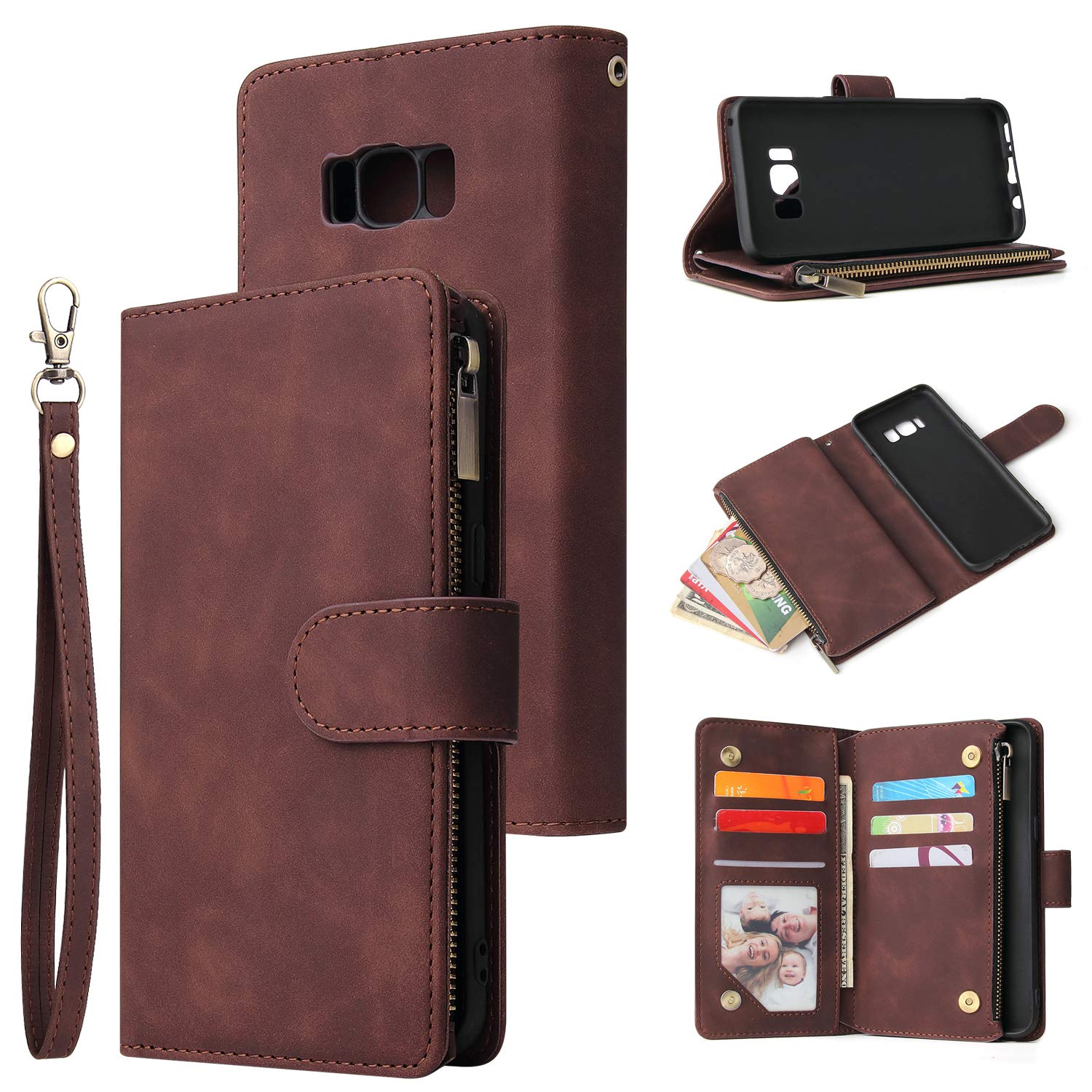 Premium PU Leather Wallet Case for Samsung Galaxy S8 - Magnetic Closure, Zipper Pocket, Kickstand & Card Slots with Hand Strap | Stylish Flip Phone Case for Women (Coffee) | Perfect for Daily Use, Travel & Business Meetings