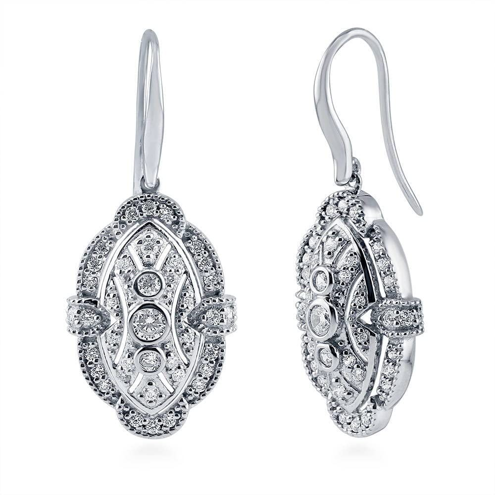 Vintage Art Deco Sterling Silver Cubic Zirconia CZ Necklace & Earrings Set for Women - Rhodium Plated Milgrain Jewelry - Perfect for Weddings, Parties & Evening Events