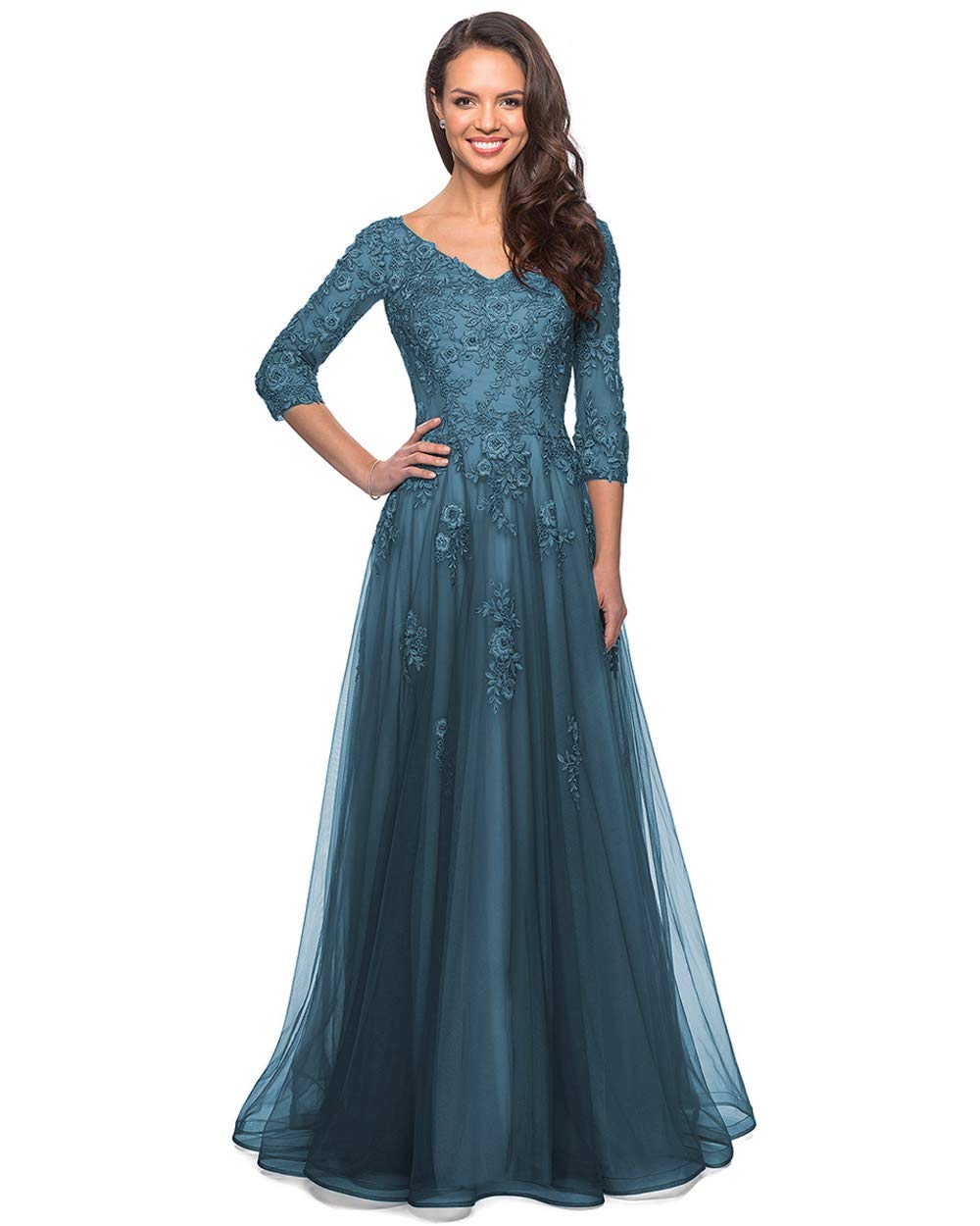 Elegant Floral Lace Applique 3/4 Sleeve V-Neck Formal Dress with Pockets for Women - Perfect for Mother of the Bride, Wedding Guest, and Special Occasions