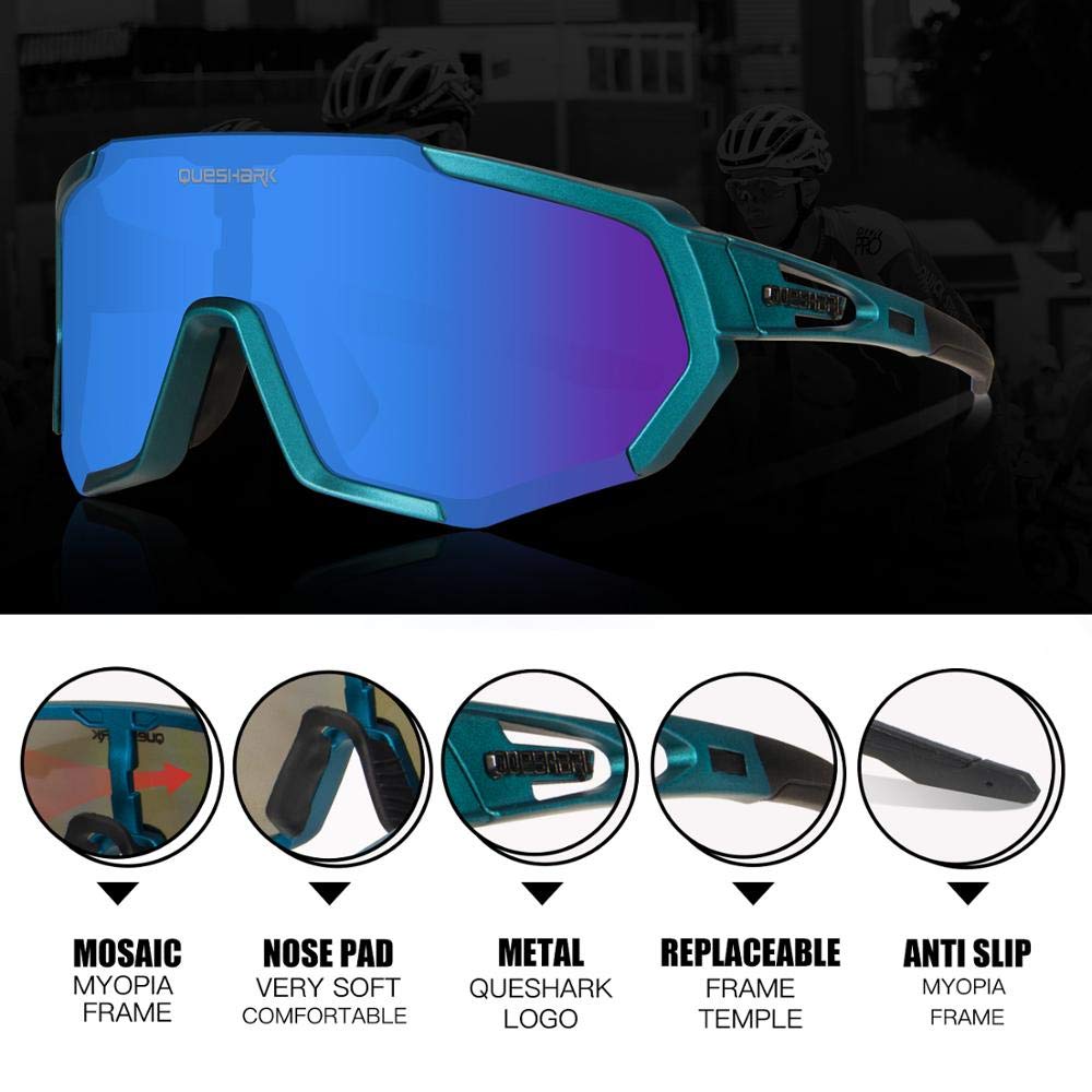 Queshark Polarized Cycling Glasses for Men & Women - UV Protection Sports Sunglasses with 1 Polarized & 2 HD Lenses - Ideal for Cycling, Running, Hiking & Outdoor Activities