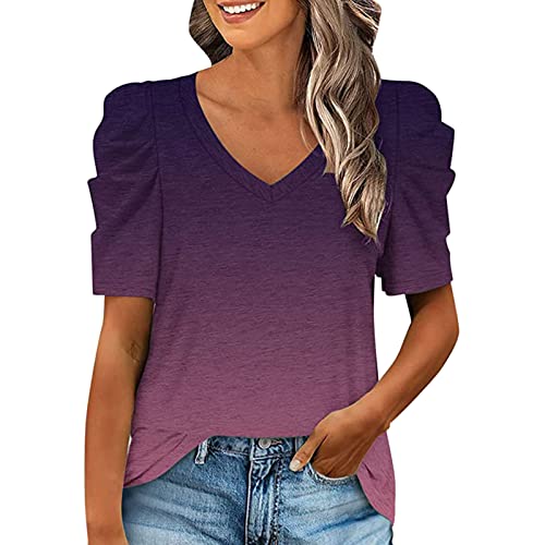 Women's Casual Gradient Print V-Neck Short Sleeve Ruched T-Shirt - Trendy Summer Tee for Outfits, Beach Wear & Everyday Comfort