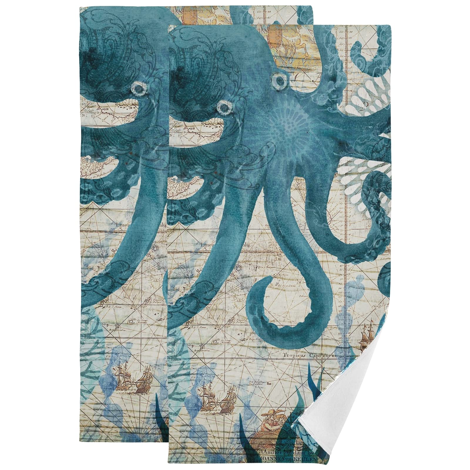 Octopus & Starfish Retro Map Hand Towels Set of 2 - 16x30 Inch Soft Absorbent Bath & Kitchen Towels for Guest Bathroom, Spa Decor, and Dish Drying | Coastal Themed Home Decor
