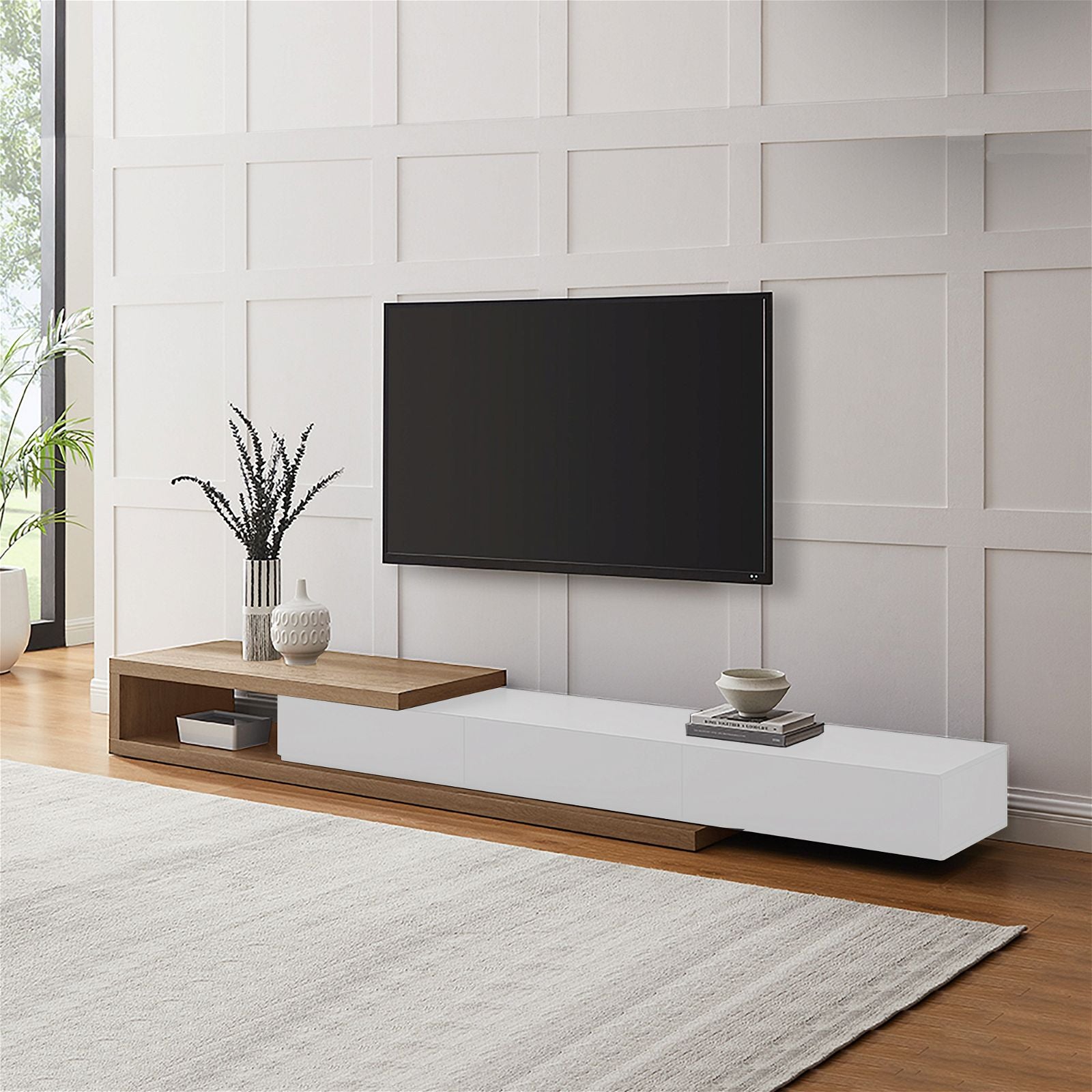 Criterion™ Expandable TV Stand with Concertina Design in Solid Oak - Perfect for Living Room, Home Theater & Entertainment Centers