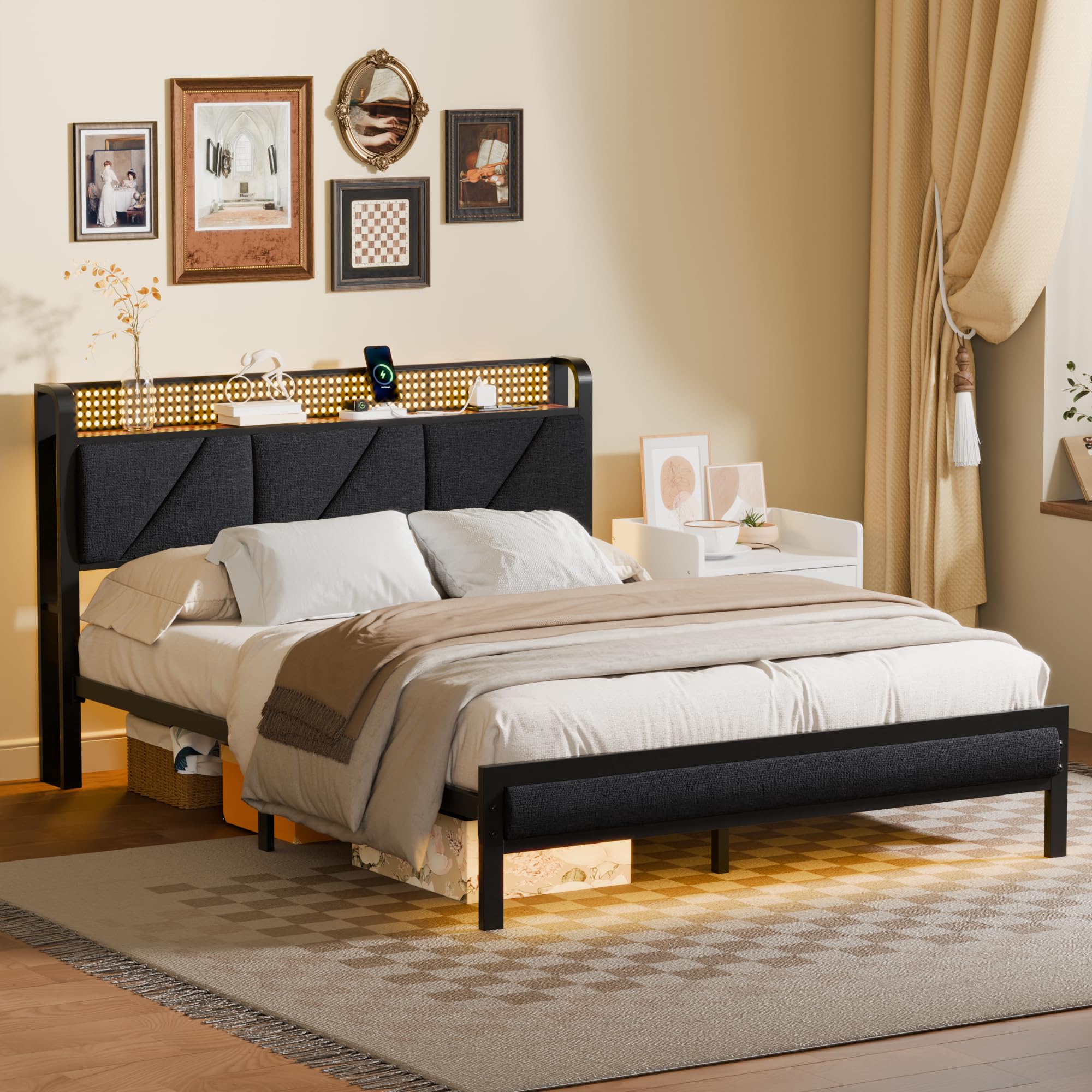 Furnulem Queen Size Bed Frame with Headboard & LED Lights - Upholstered Platform Bed with USB Charging Station, No Box Spring Needed, Noise-Free Metal Bed Frame - Perfect for Modern Bedrooms, Guest Rooms & LED Lighting Enthusiasts