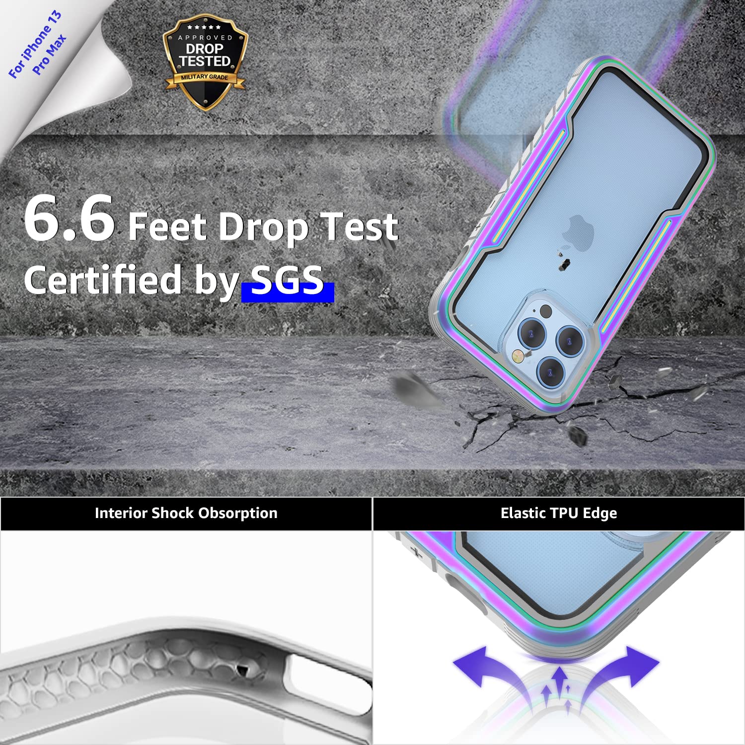 Shockproof iPhone 13 Pro Max Case (2021) - Clear Soft Silicone Protective Cover with Rugged Aluminum Bumper | 6.7 Inch Durable Phone Case in Iridescent Gray | Perfect for Outdoor Activities, Work & Daily Protection