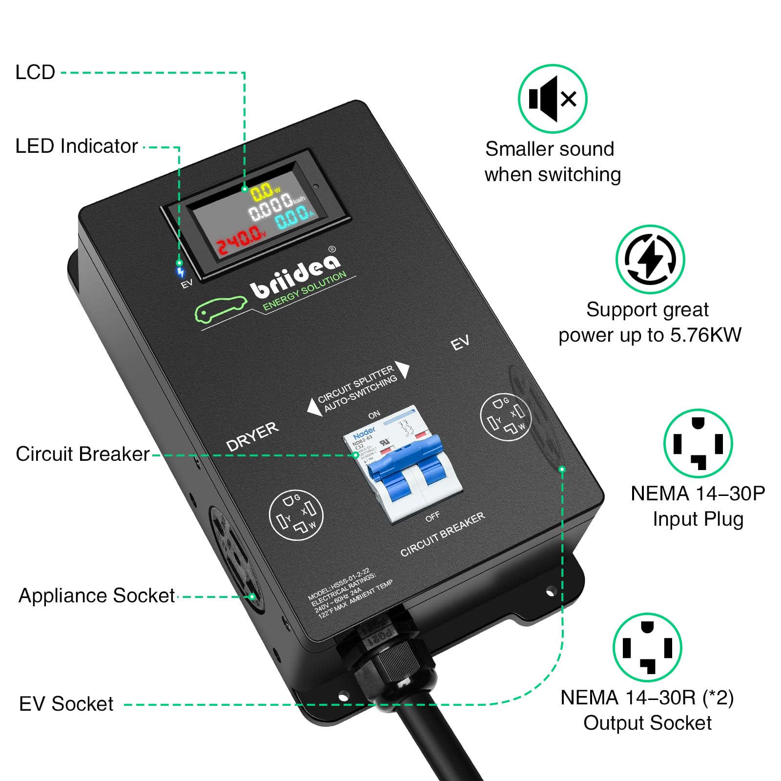 Briidea Automatic Power Switch for Dryer and EV Charger - 40A NEMA 14-30 Plug, Fast Charging Electric Vehicle & Laundry Dryer - Perfect for Home, Garage & RV Use