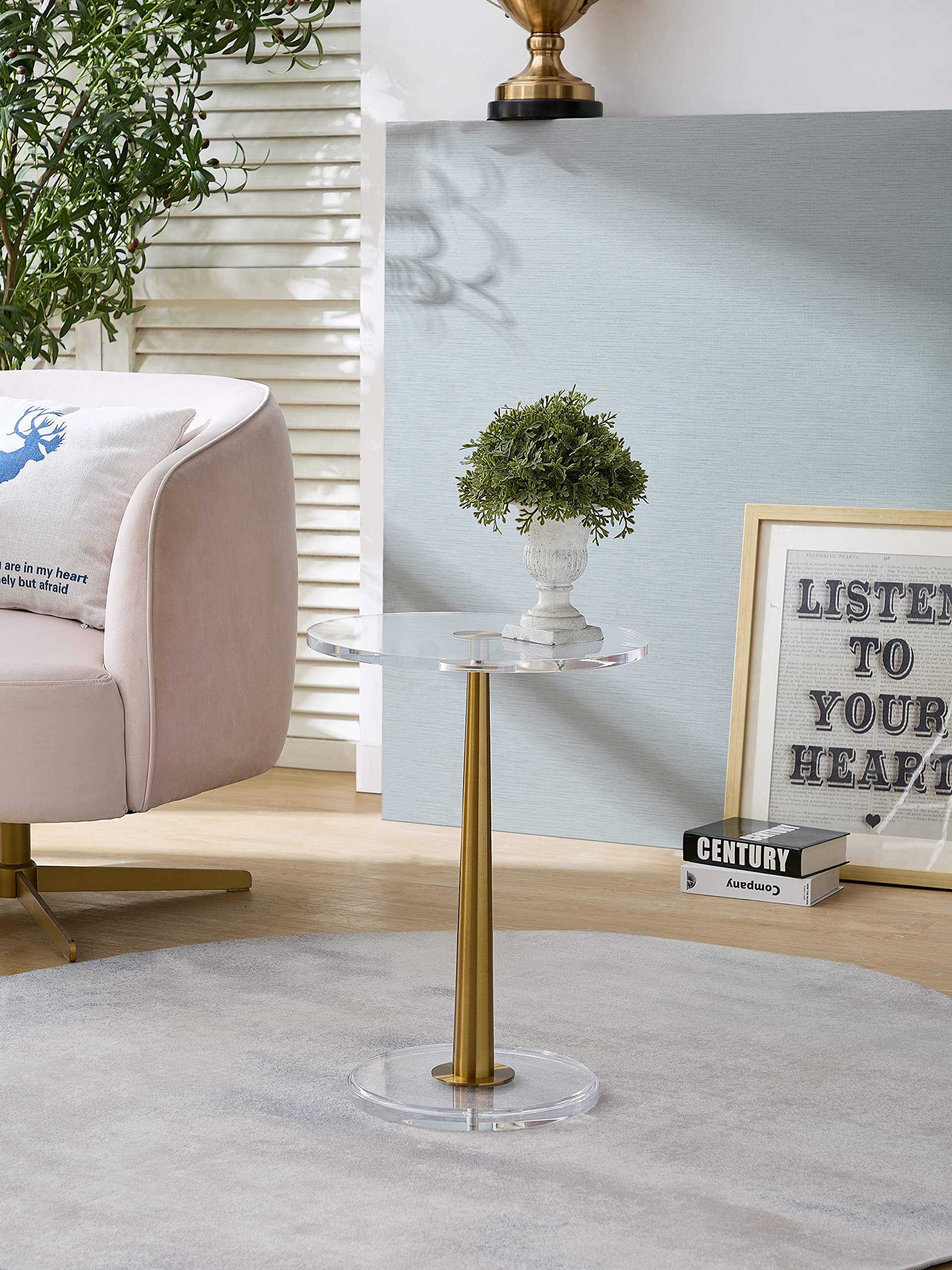 Small Clear Acrylic Table with Brushed Gold Cone Metal Pole - Modern Side Table for Living Room, Bedroom, or Office Decor