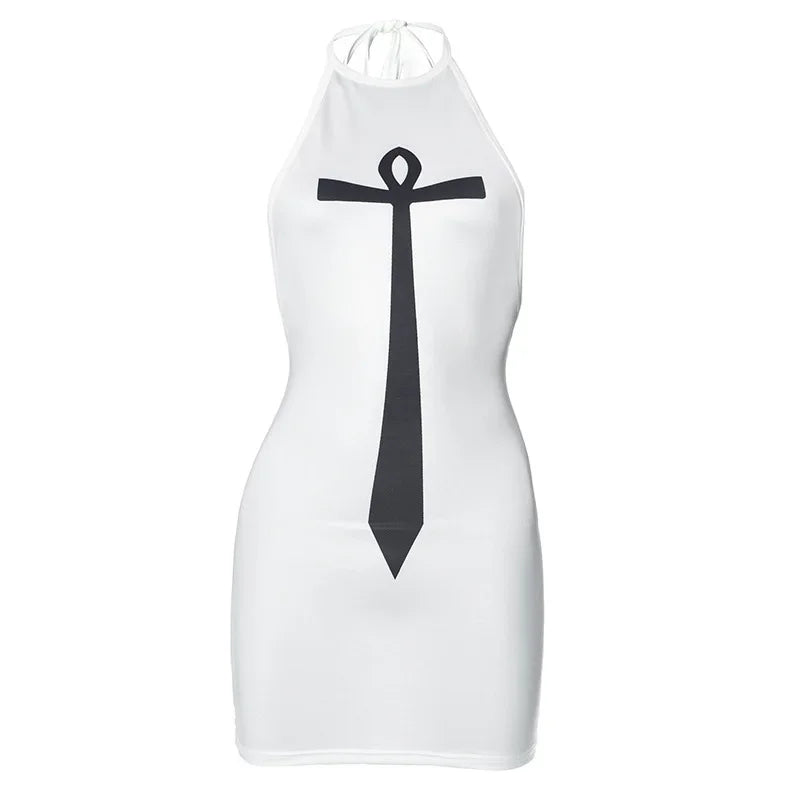 Sexy Backless Halter Mini Dress for Women - Y2K Streetwear Letter Printed White Club Dress | Night Out, Party & Clubbing Outfits (Style P85 AG13)