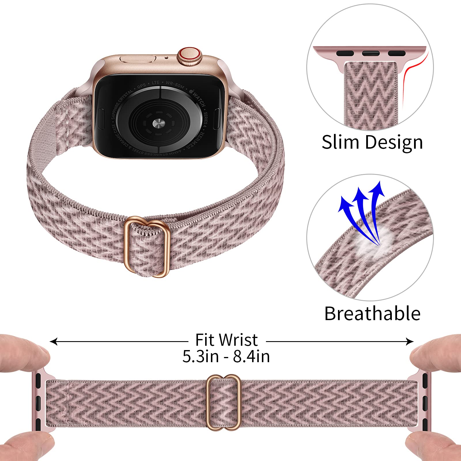 Slim Stretchy Nylon Apple Watch Band Compatible with 46mm/49mm/45mm/44mm/42mm - Women's Elastic Strap for iWatch Ultra 2/1, SE & Series 10/9/8/7/6/5/4/3/2/1 - Rose Pink & Rose Gold | Perfect for Workouts, Running & Everyday Wear