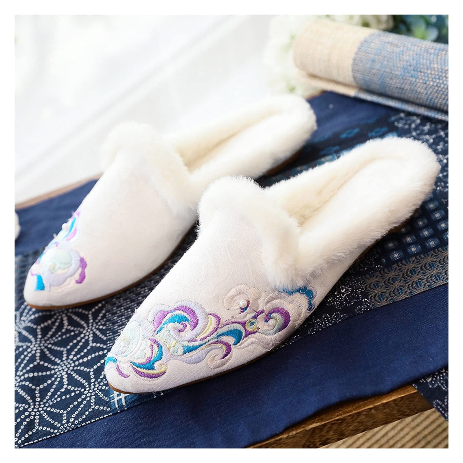 Cozy Winter Warm Plush Lined Women's Cotton Embroidered Flats - Comfortable Pointed Toe House Slippers for Indoor/Outdoor Use (Color A, Size 36) - Perfect for Home, Office & Relaxation