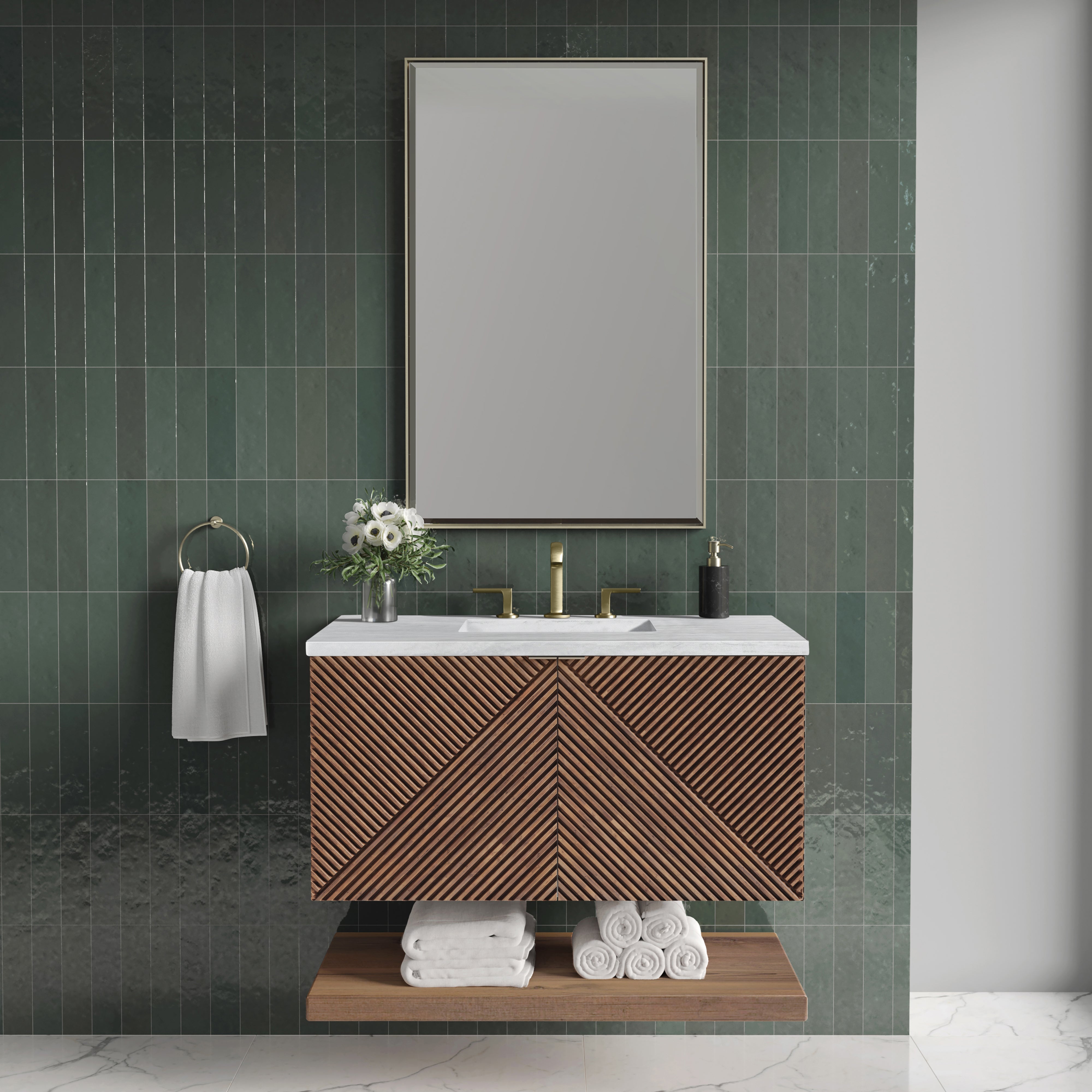 Marcello 36 Inch Single Bathroom Vanity with Sink - Chestnut Finish & 3CM Arctic Fall Quartz Top - Perfect for Modern Master Bathrooms & Guest Bath Remodels