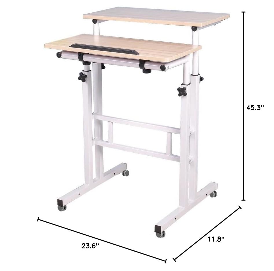 Adjustable Height Mobile Standing Desk with Wheels - Portable Sit Stand Workstation for Home Office, White Maple - Perfect for Small Spaces & Remote Work